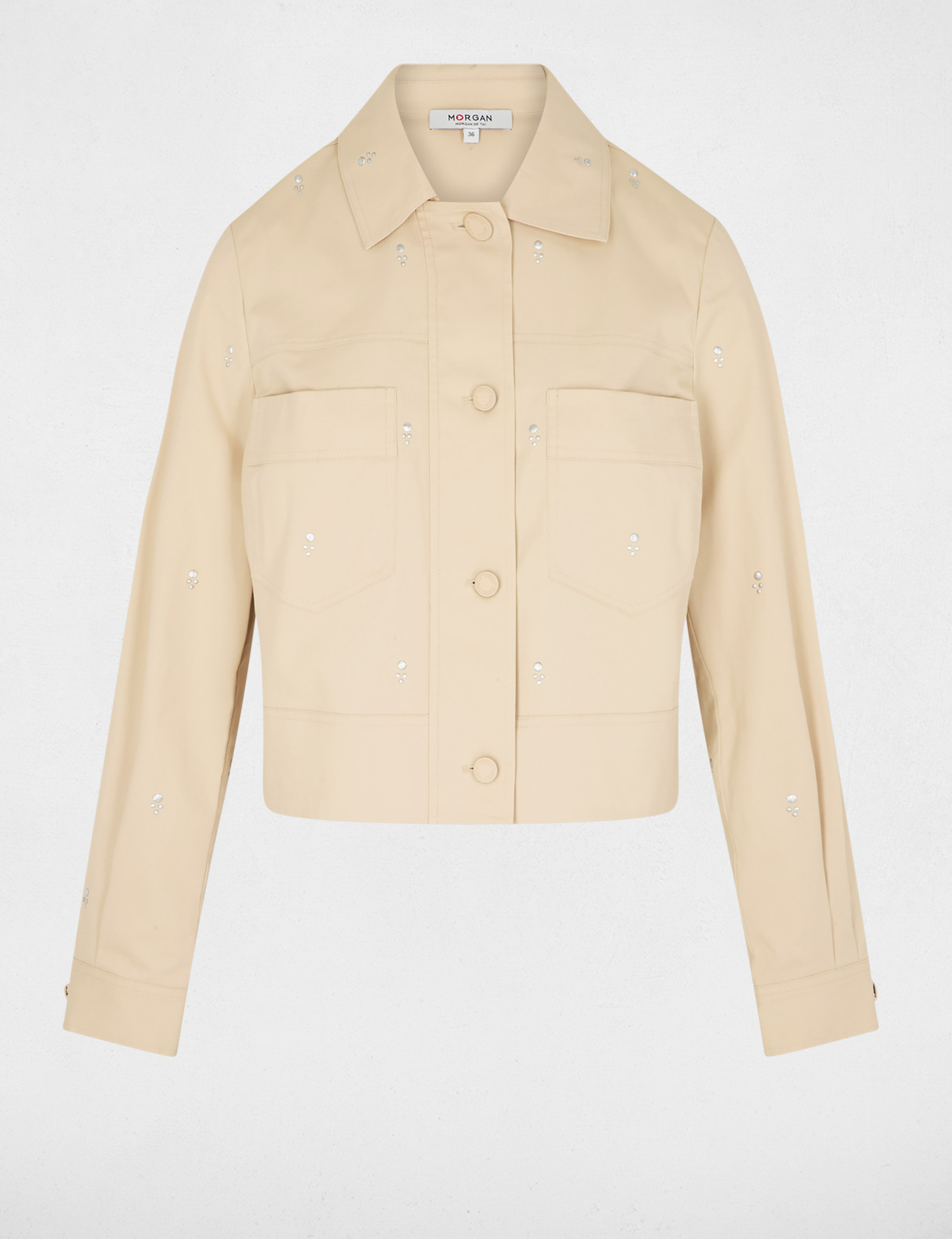 Veste cropped clout&eacute;e beige femme