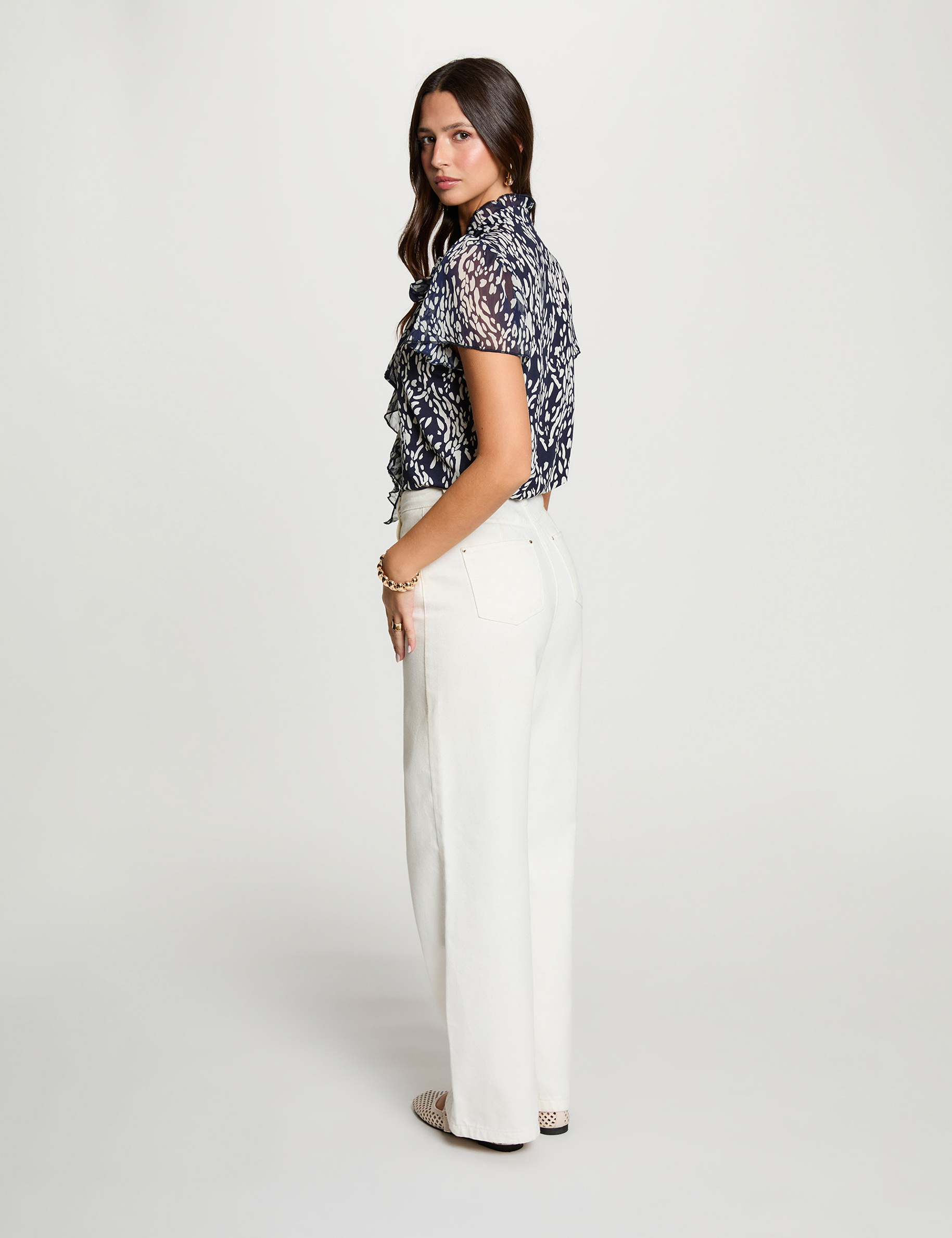 Chemise col v transparente bleu marine femme