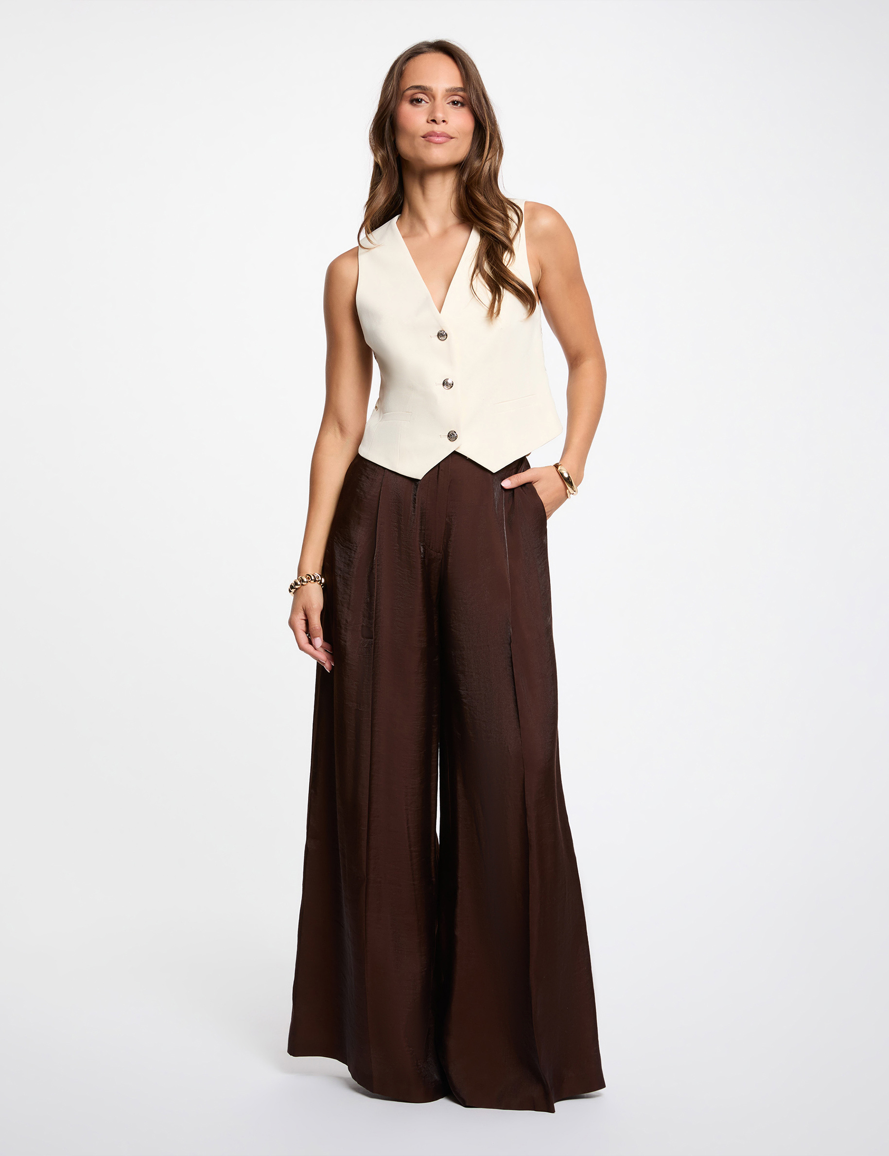 Pantalon large taille haute marron fonc&eacute; femme