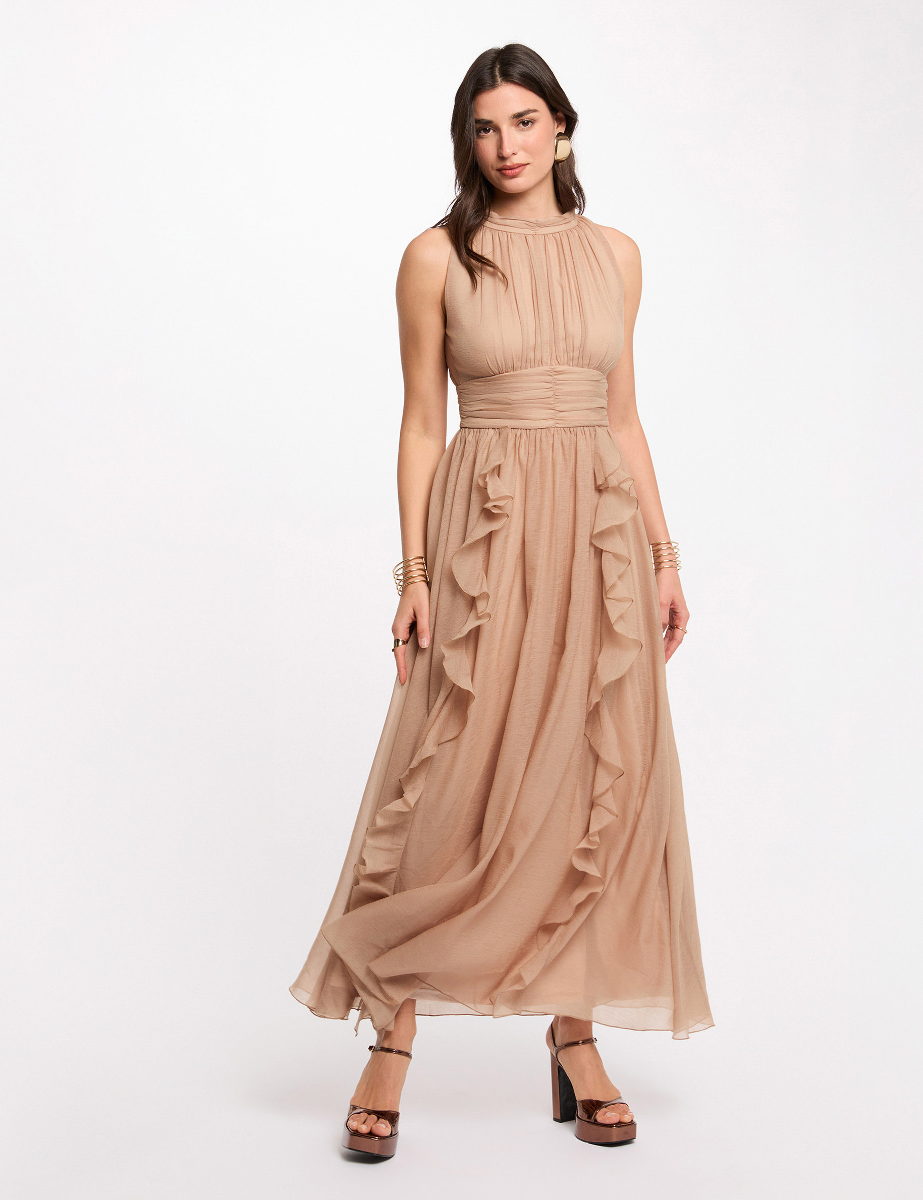 Lange jurk met hoge hals taupe vrouw