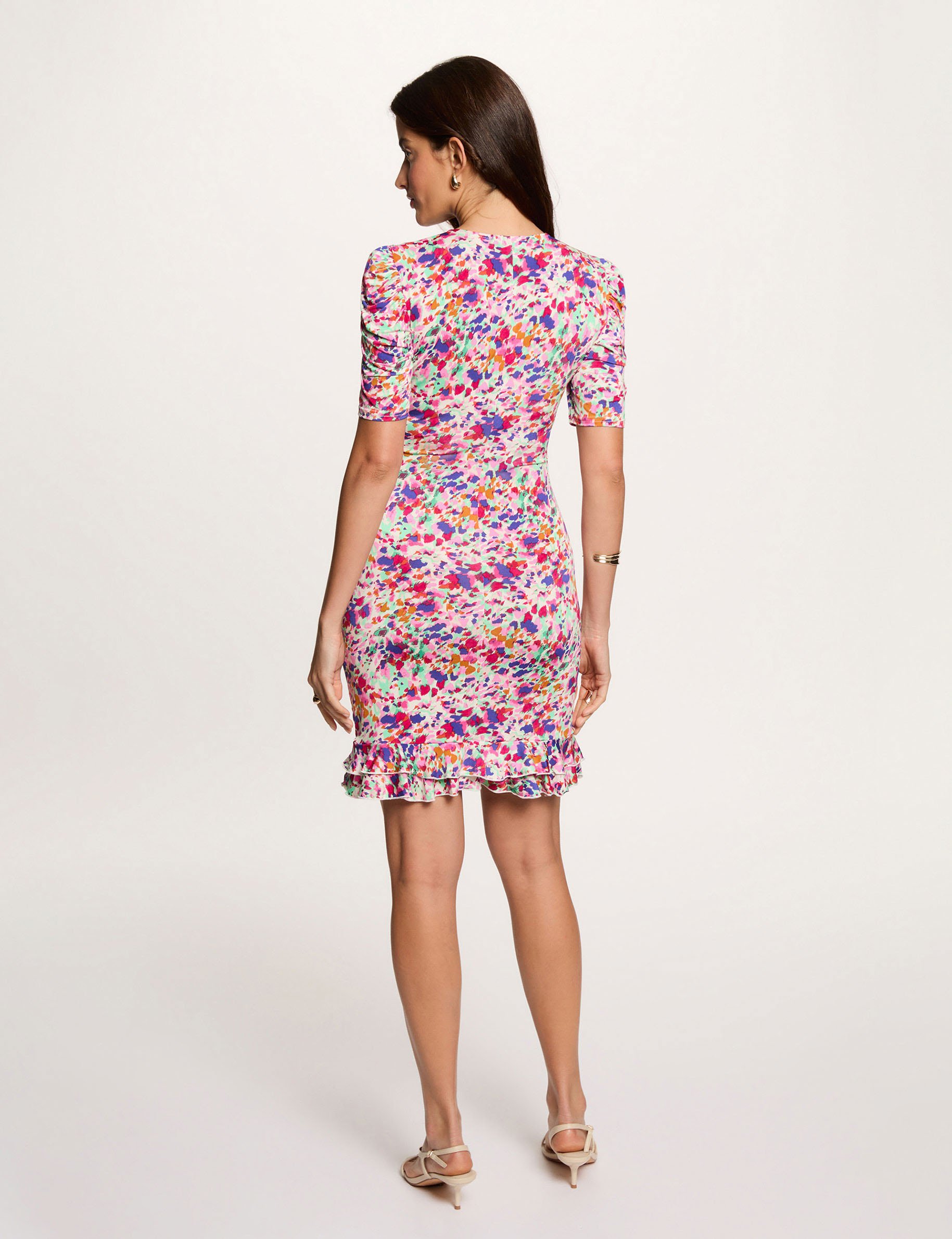 Robe courte manches bouffantes multicolore femme