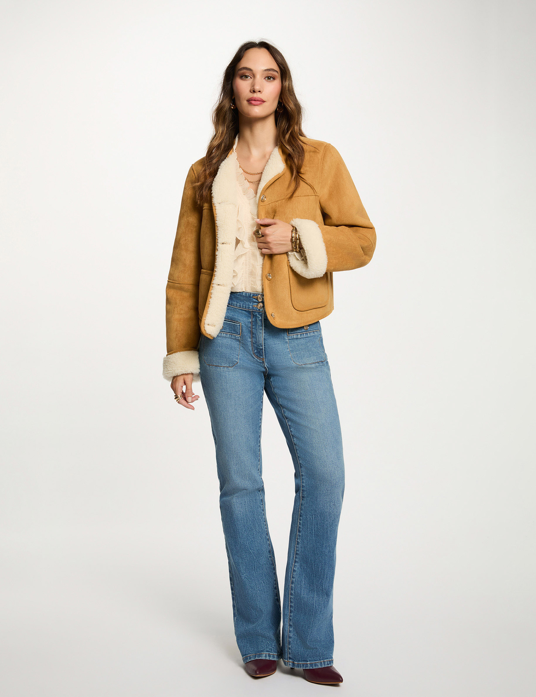 Veste courte fausse fourrure camel femme