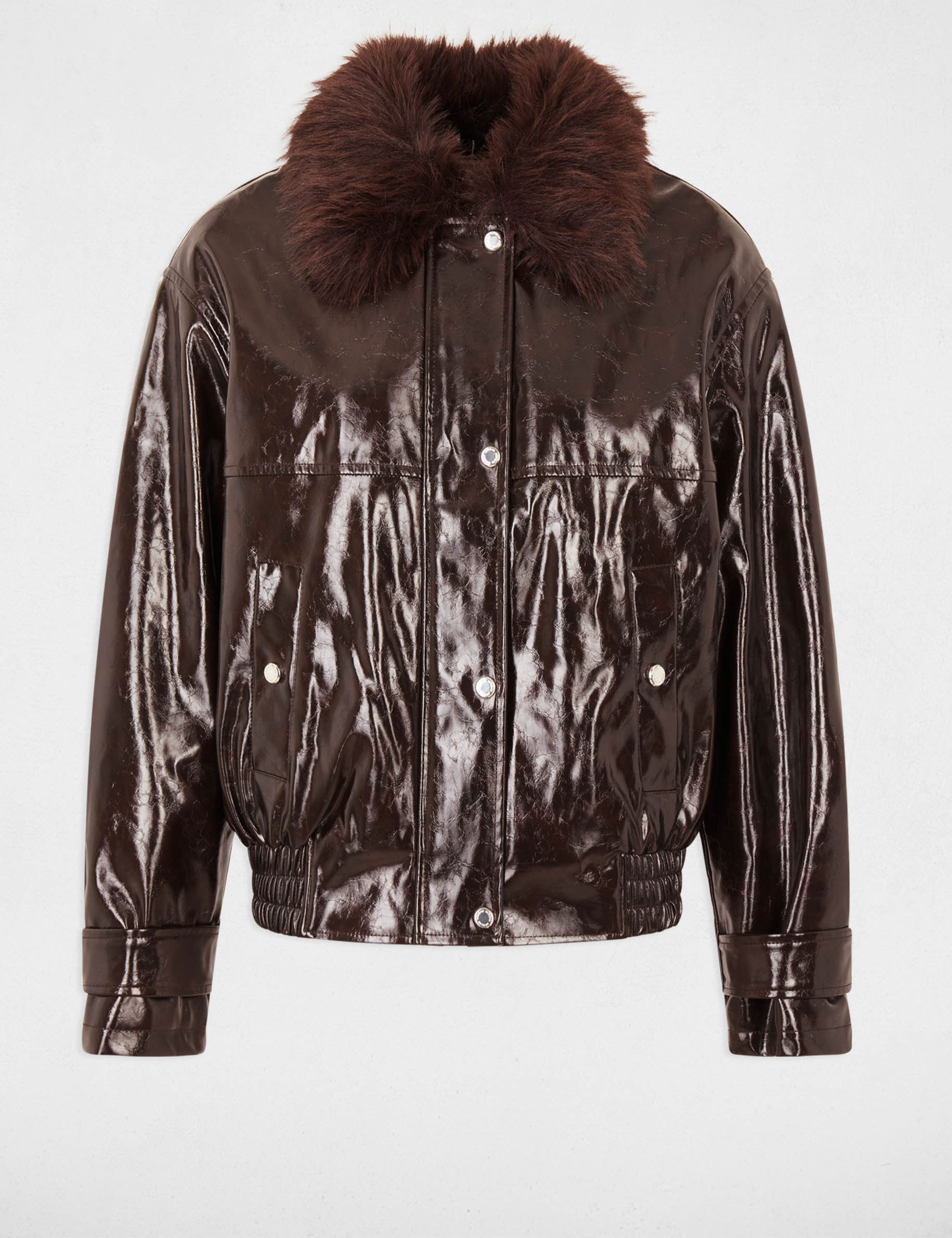 Blouson col fourrure marron fonc&eacute; femme