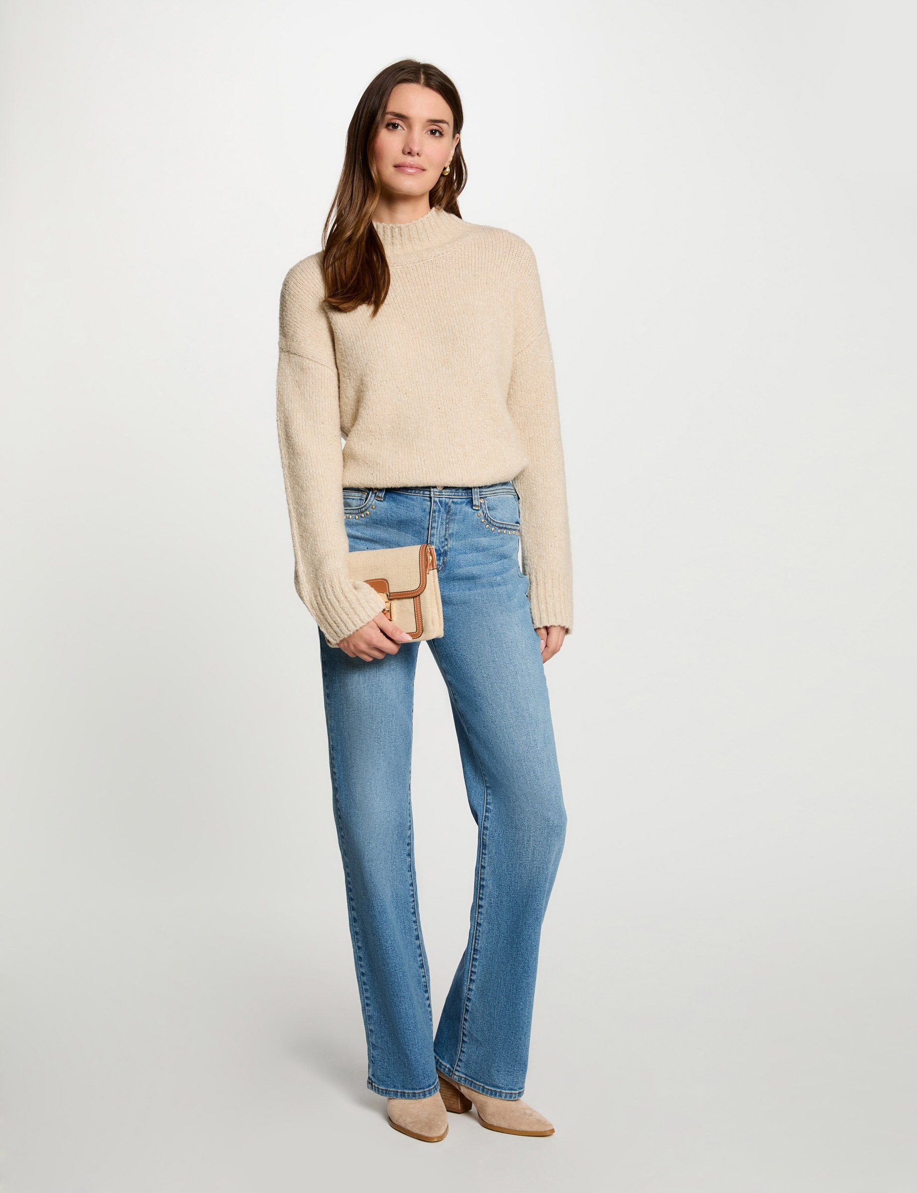 pull col montant et sequins beige femme Pull col montant et sequins beige femme