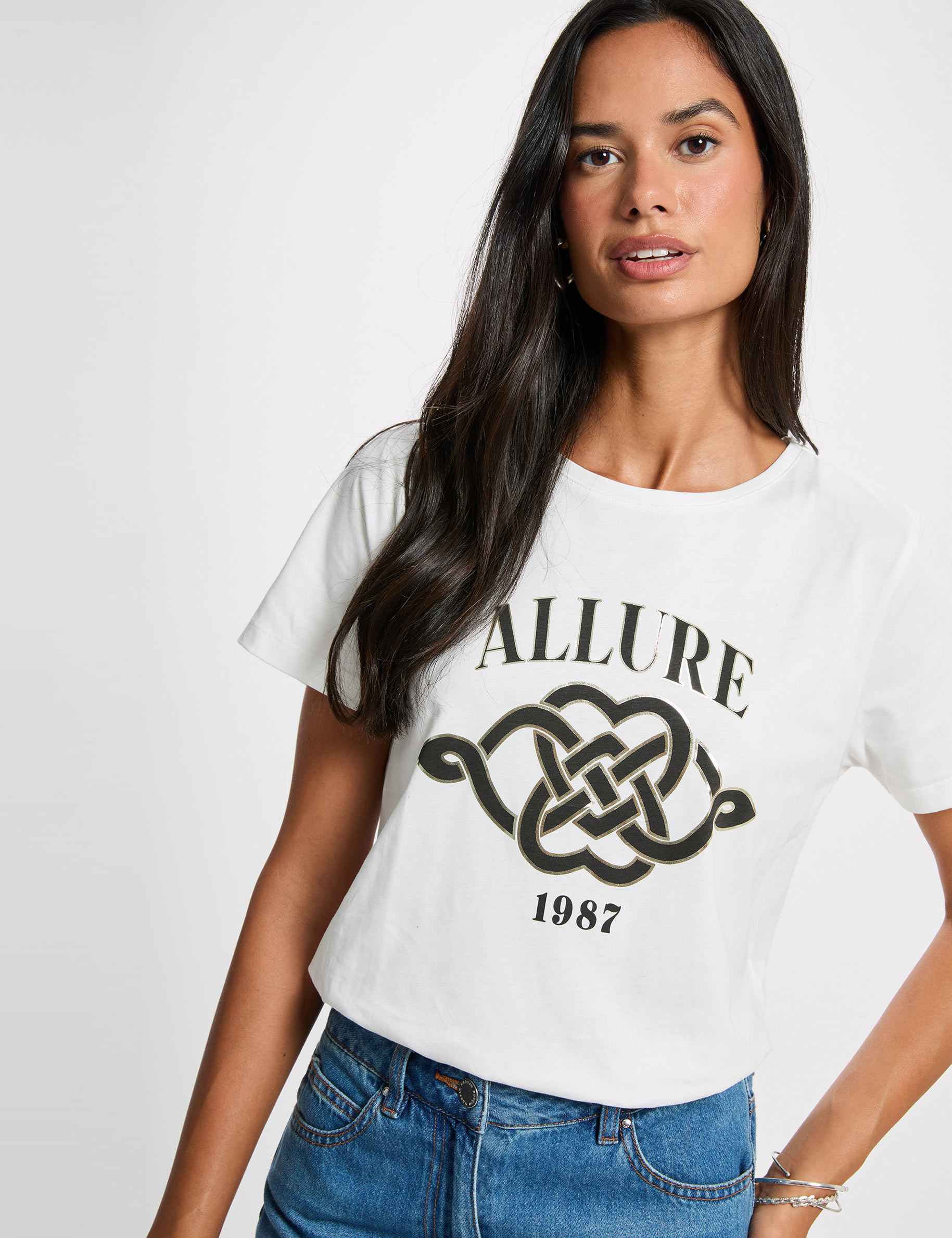 T-shirt met ronde hals en print helder wit vrouw