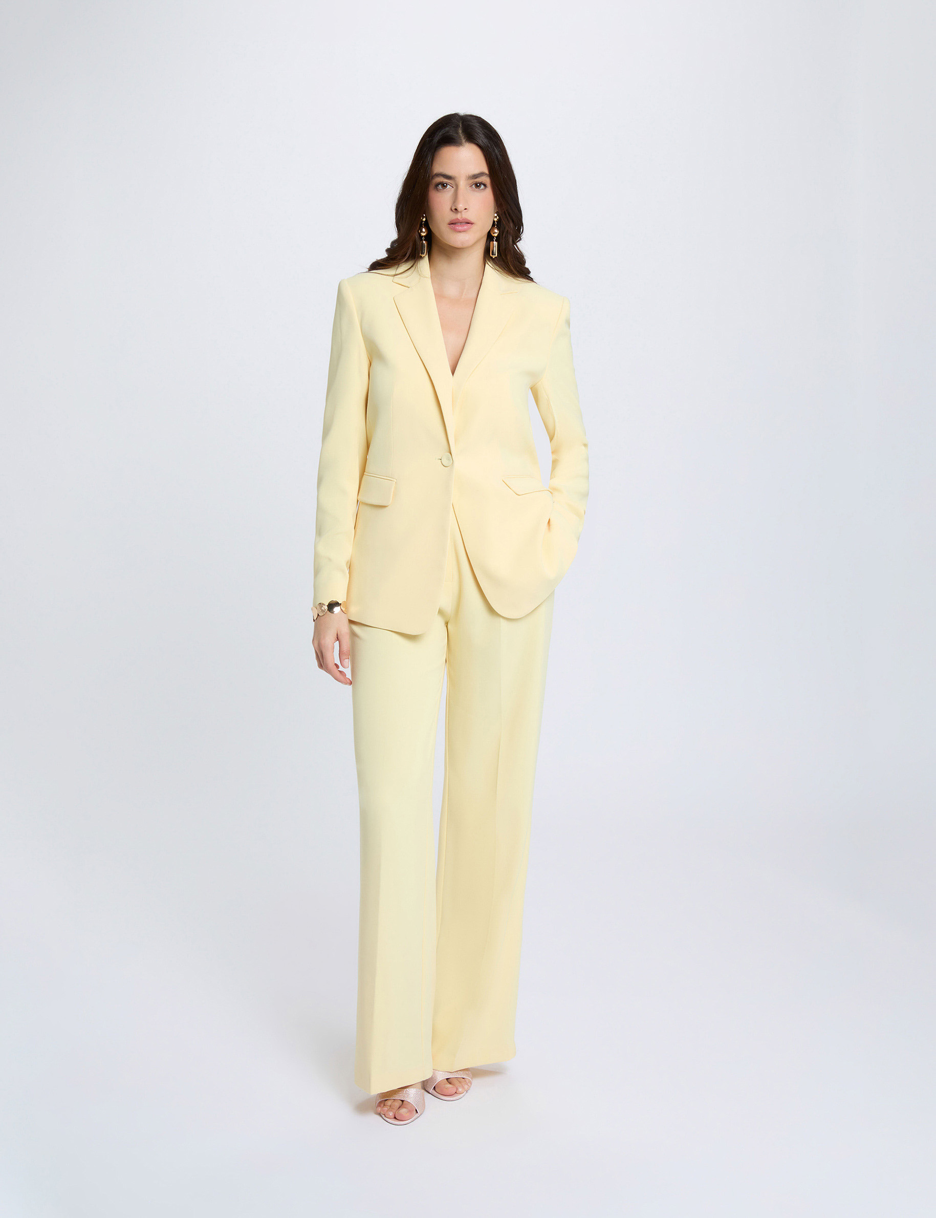 Hoge taille wijde broek lichtgeel vrouw
