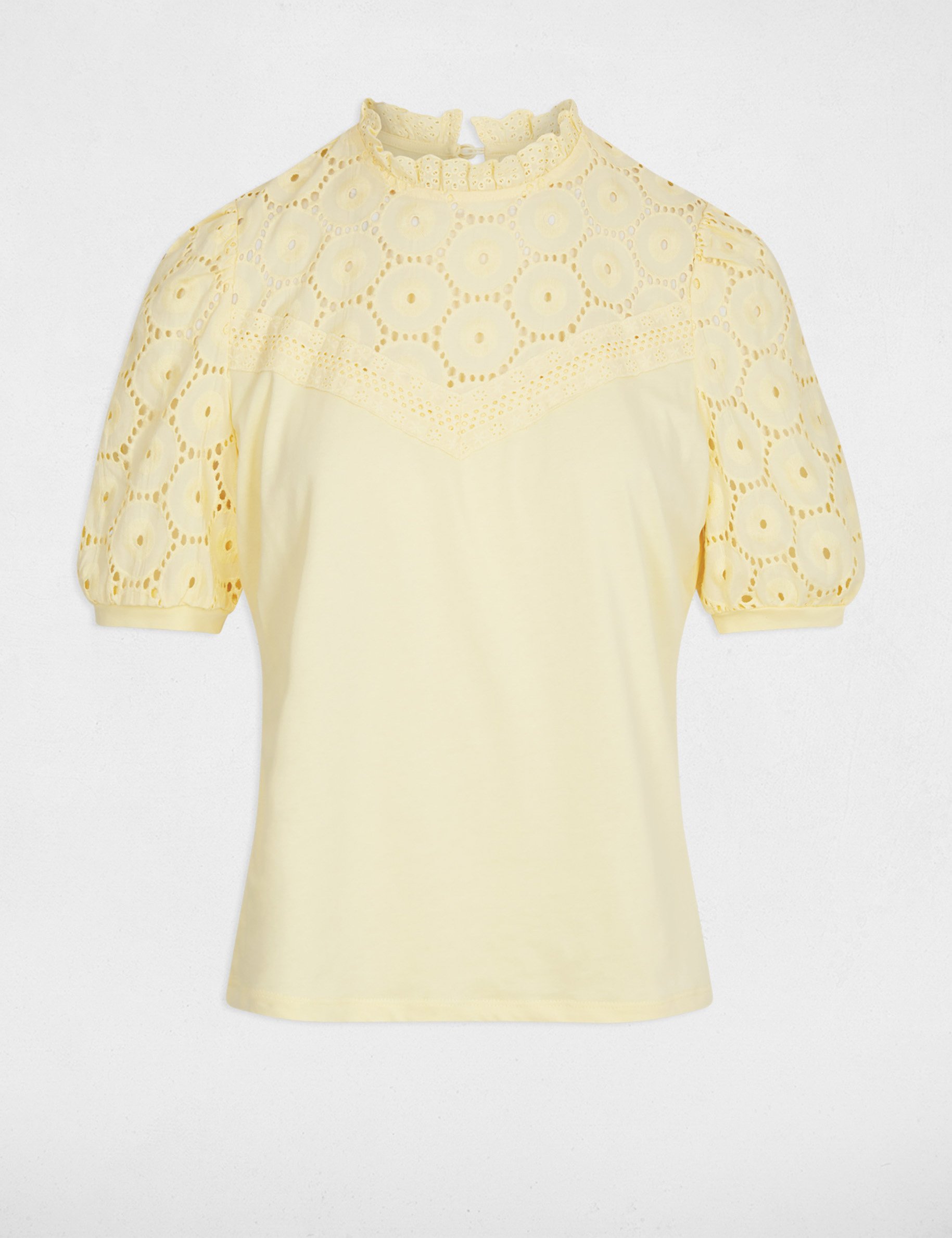 T-shirt manches courtes brod&eacute; jaune pastel femme