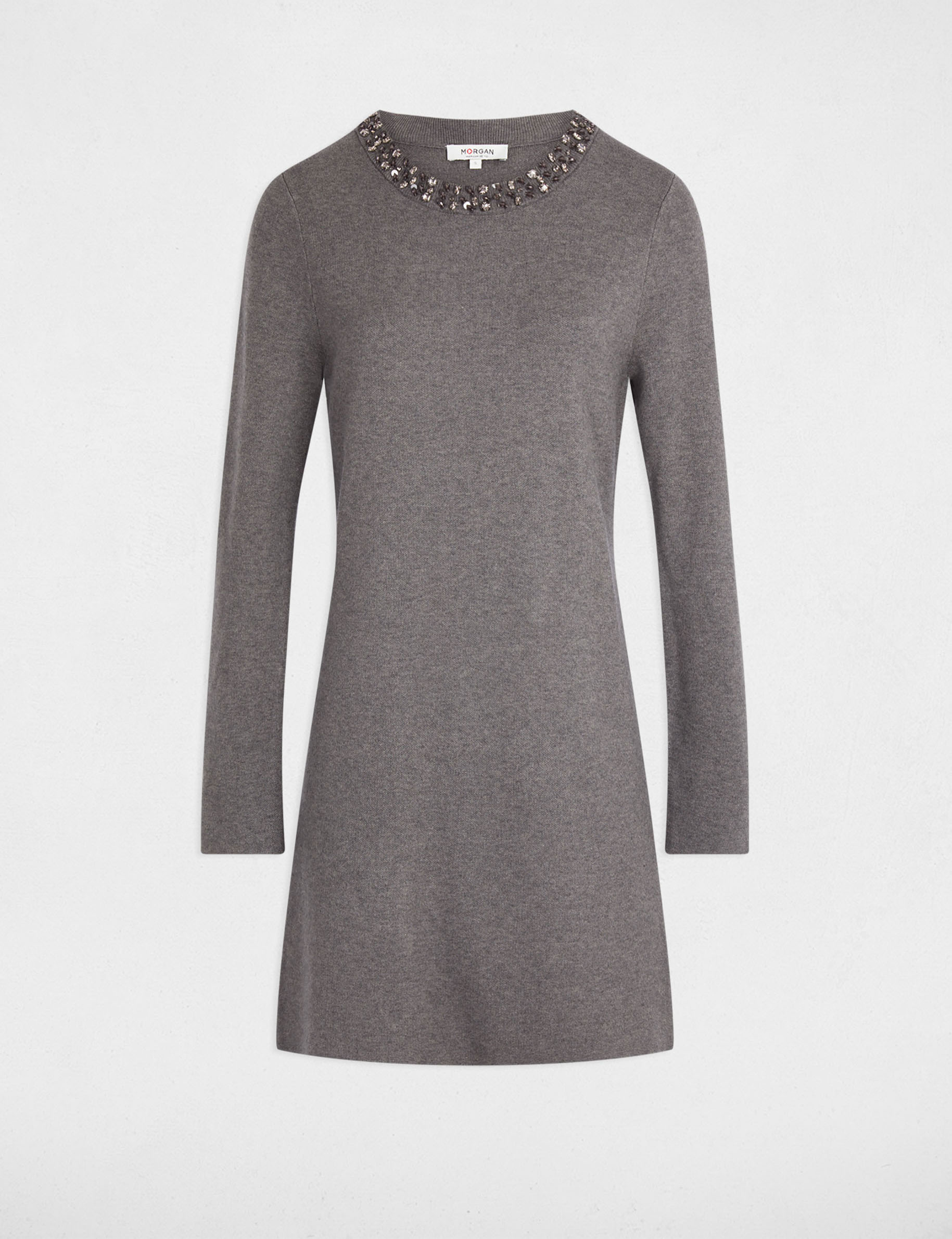Robe tricot col rond gris fonc&eacute; femme