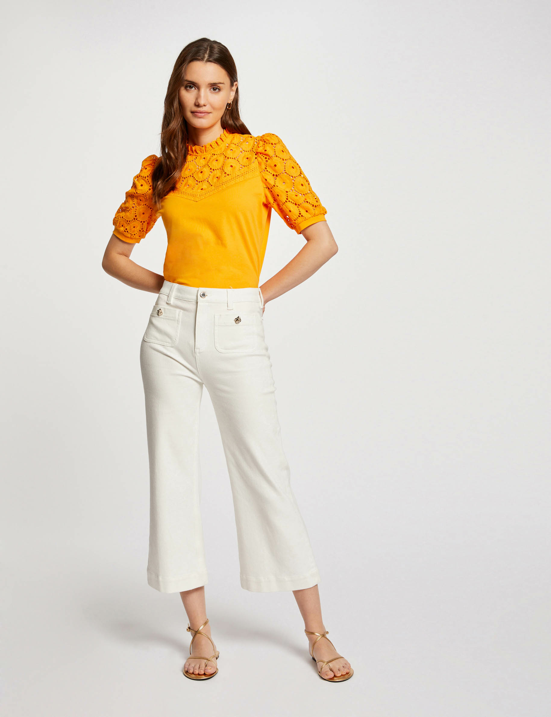T-shirt manches courtes brodé orange femme