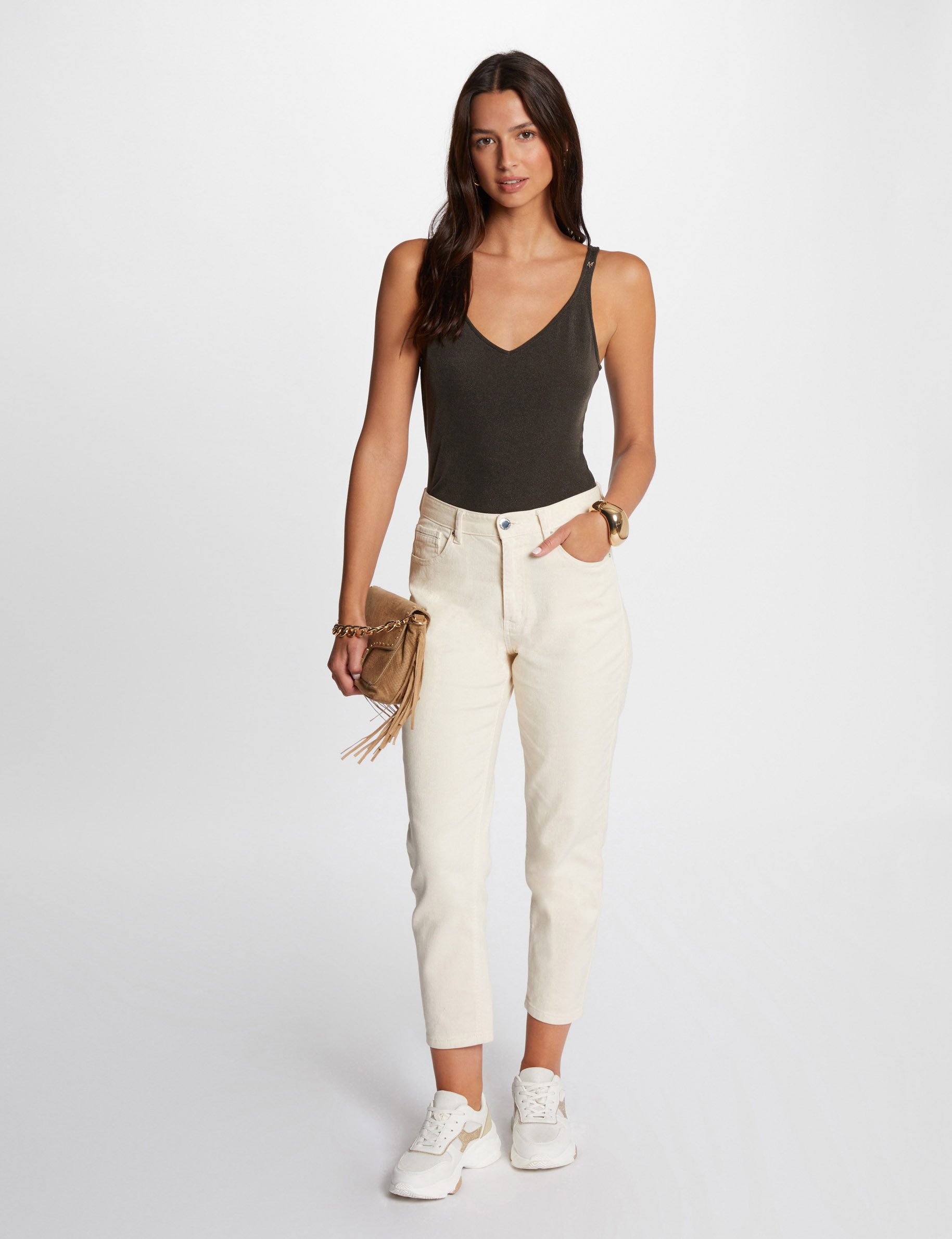 debardeur col en v fils metallises vert kaki femme Débardeur col en V fils métallisés vert kaki femme