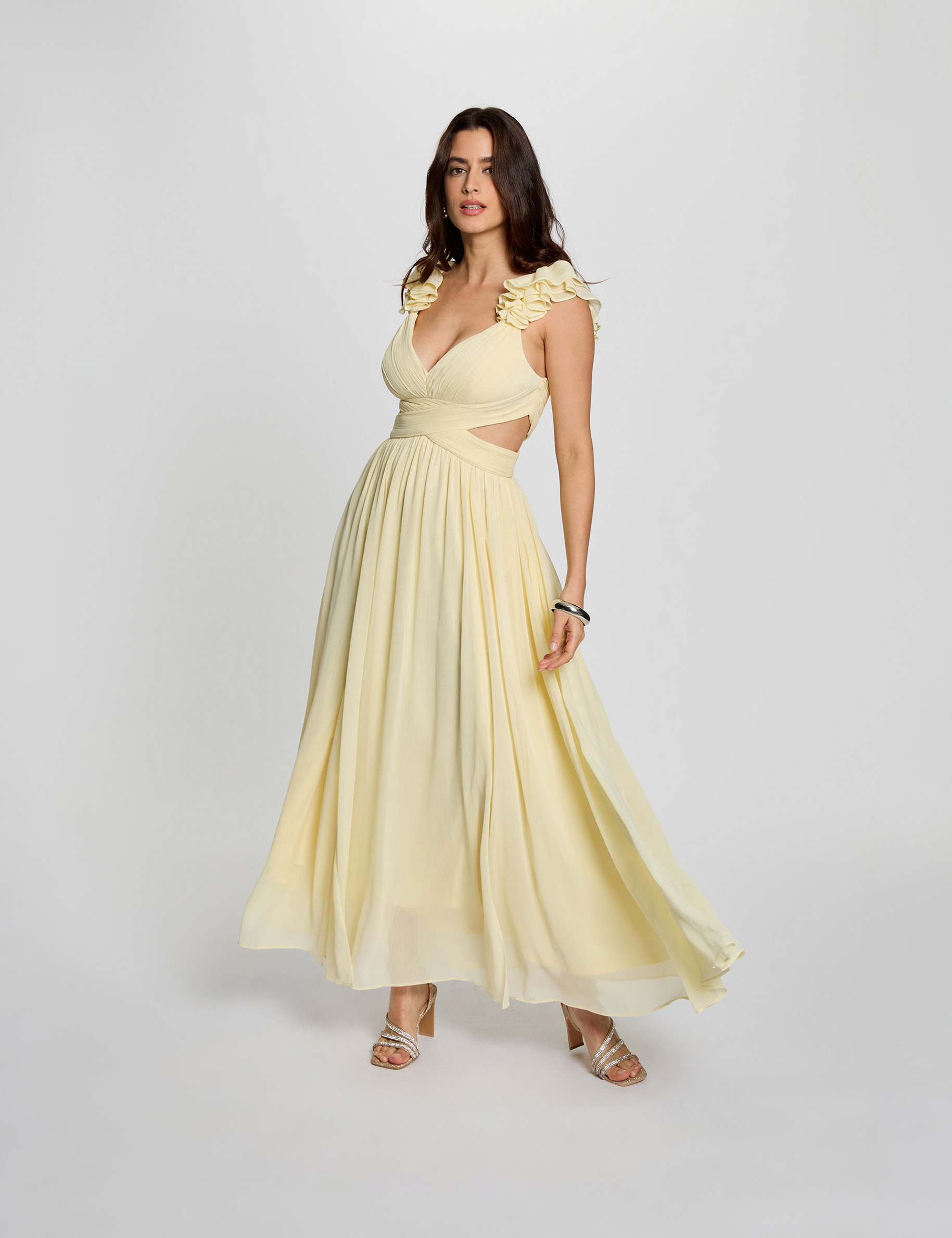 Robe longue droite fluide jaune pastel femme