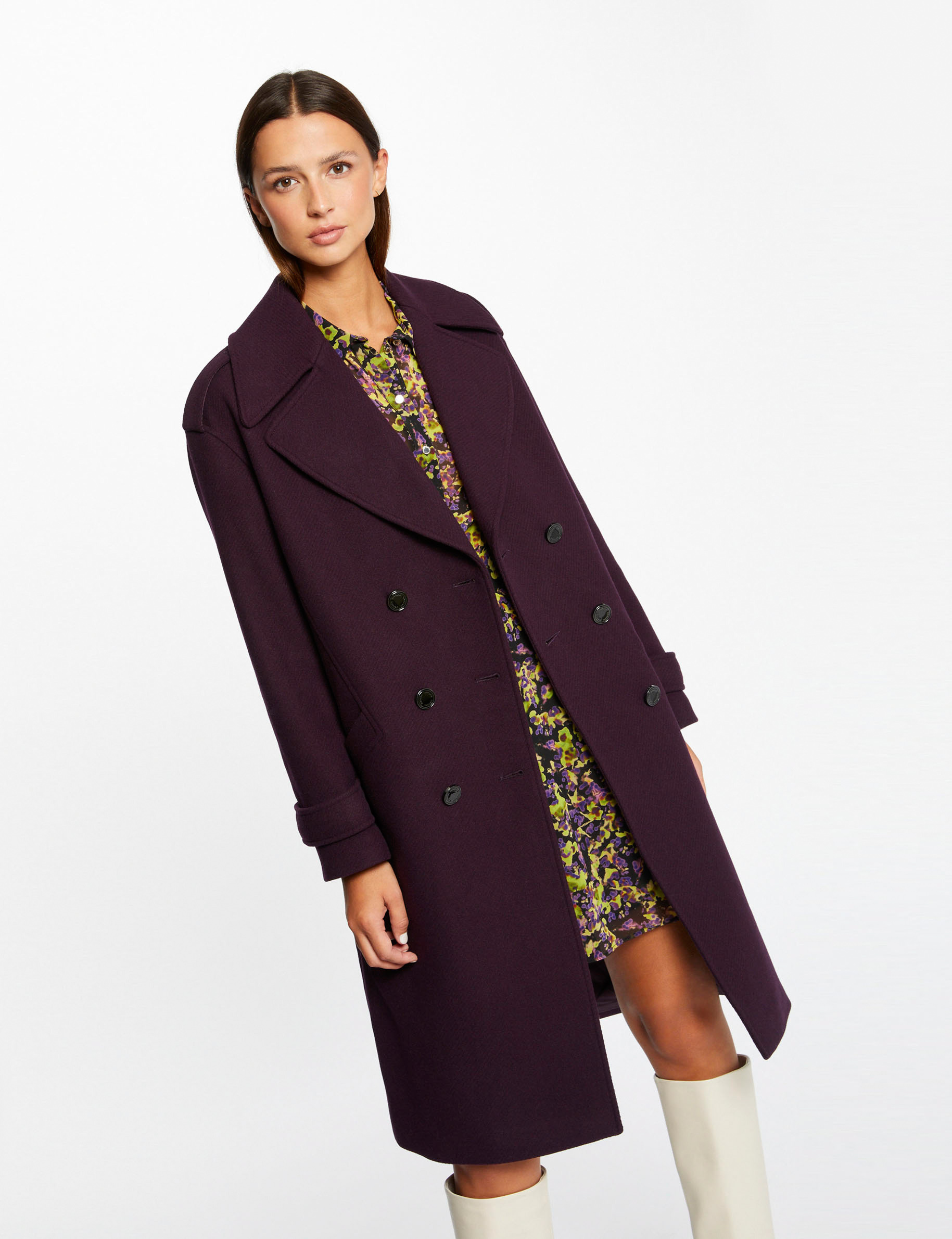 Manteau cintré boutonné violet foncé femme