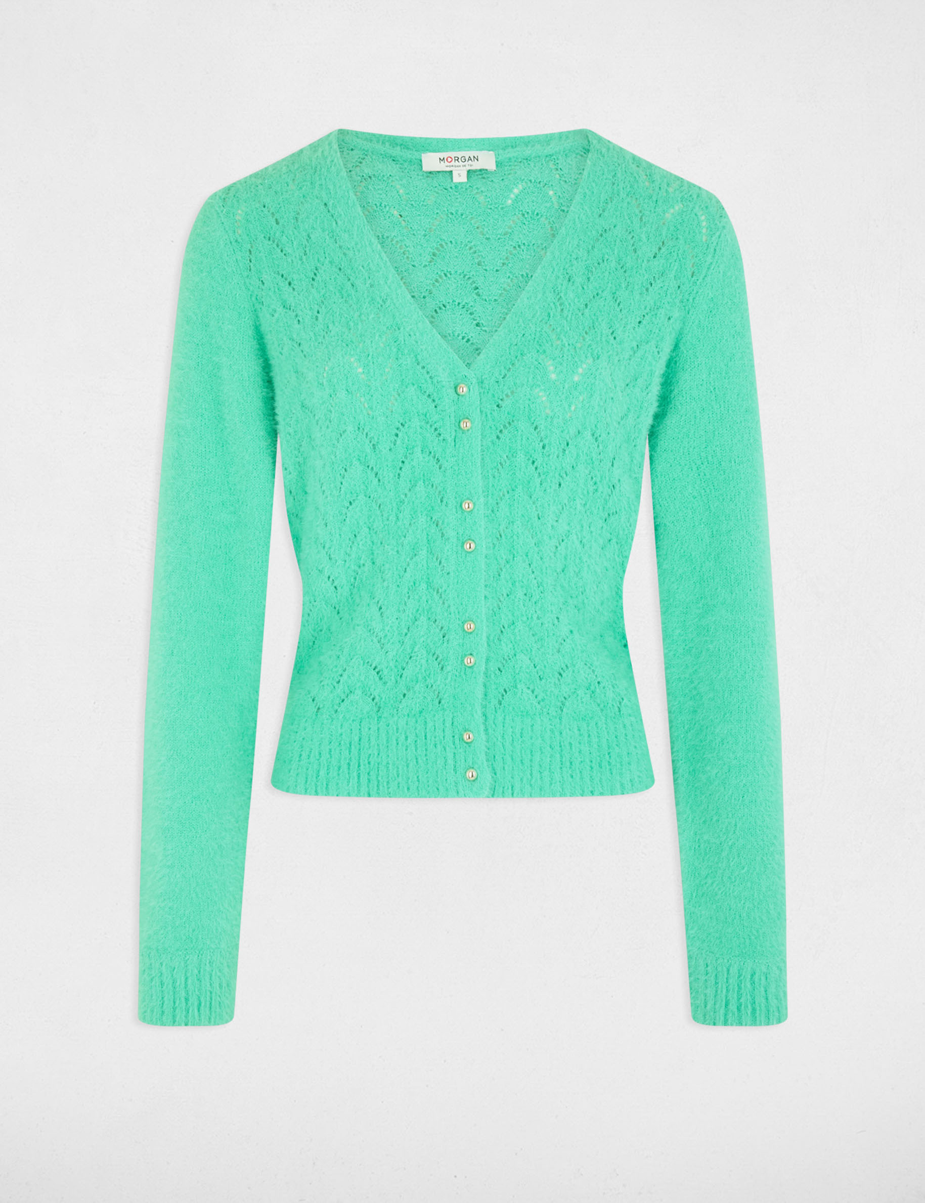 gilet manches longues a details ajoures vert menthe femme Gilet manches longues à détails ajourés vert menthe femme