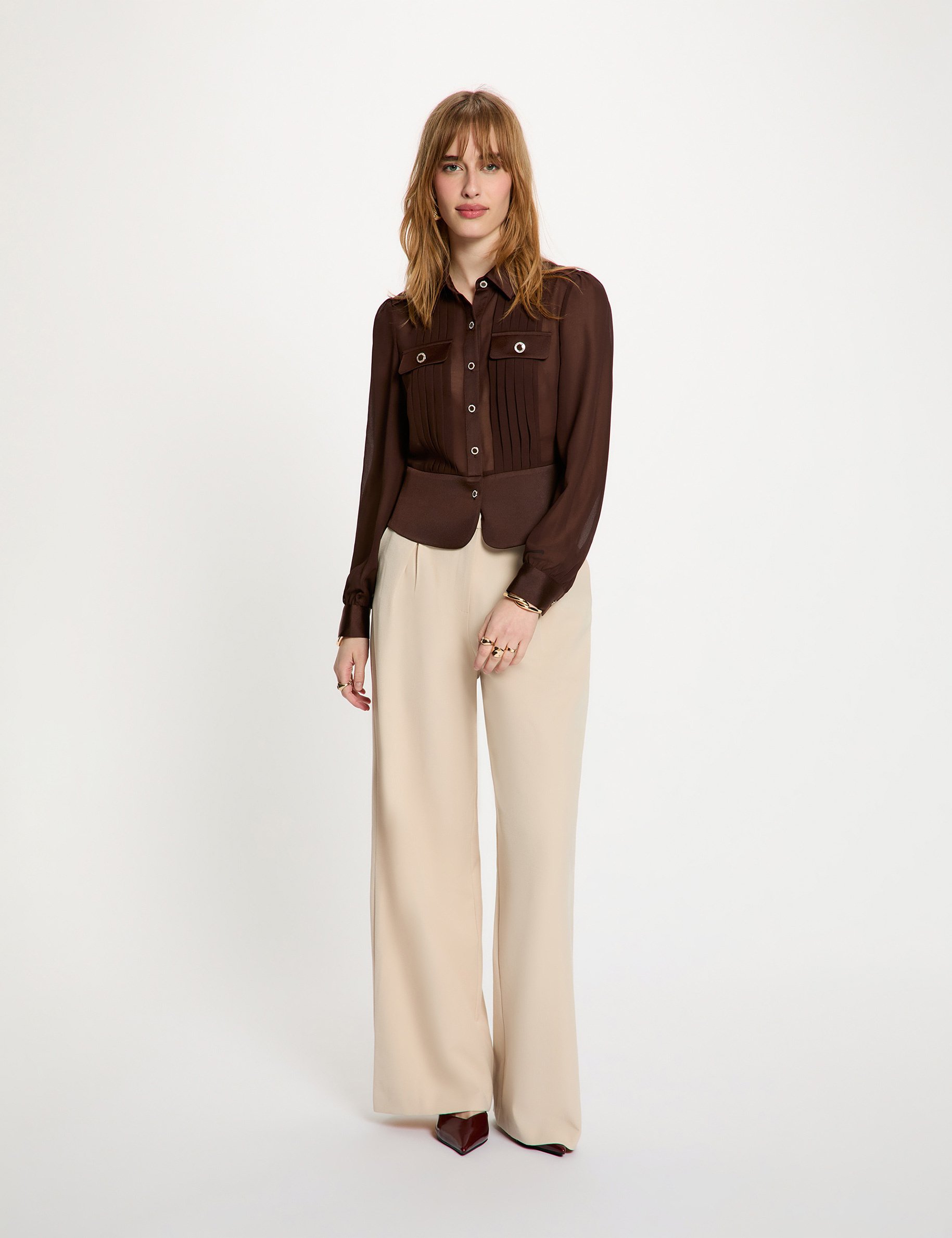 Shirt met lange mouwen en plooien donker bruin vrouw