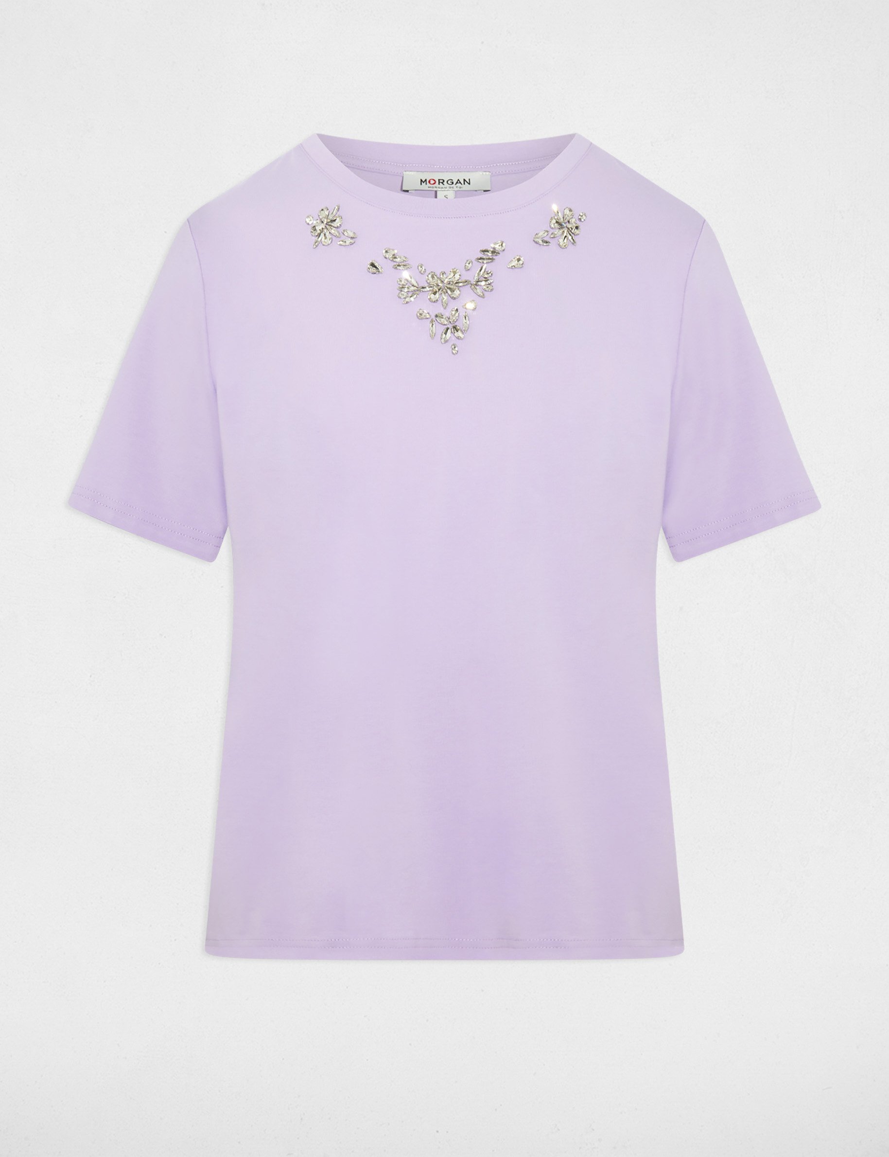 T-shirt met strass en korte mouwen mauve vrouw