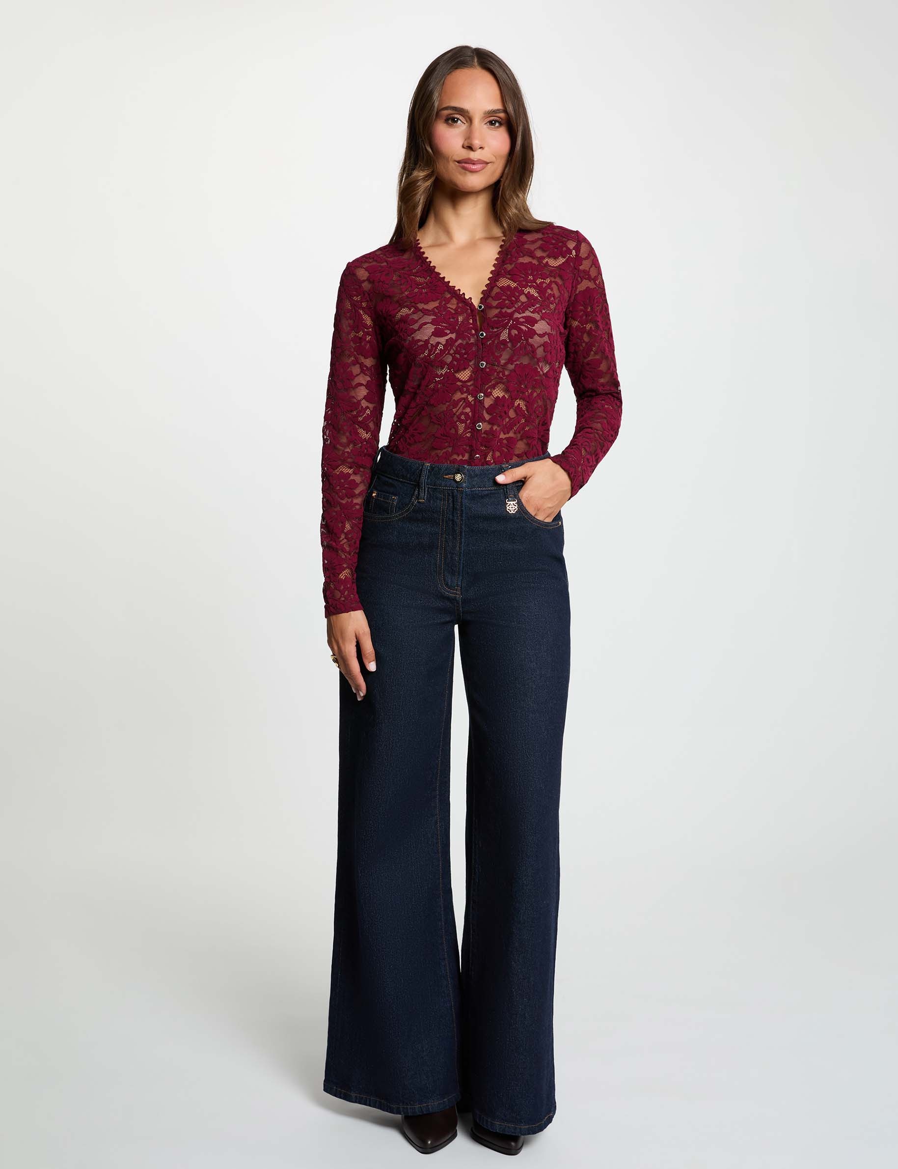 Chemise en dentelle col v prune femme