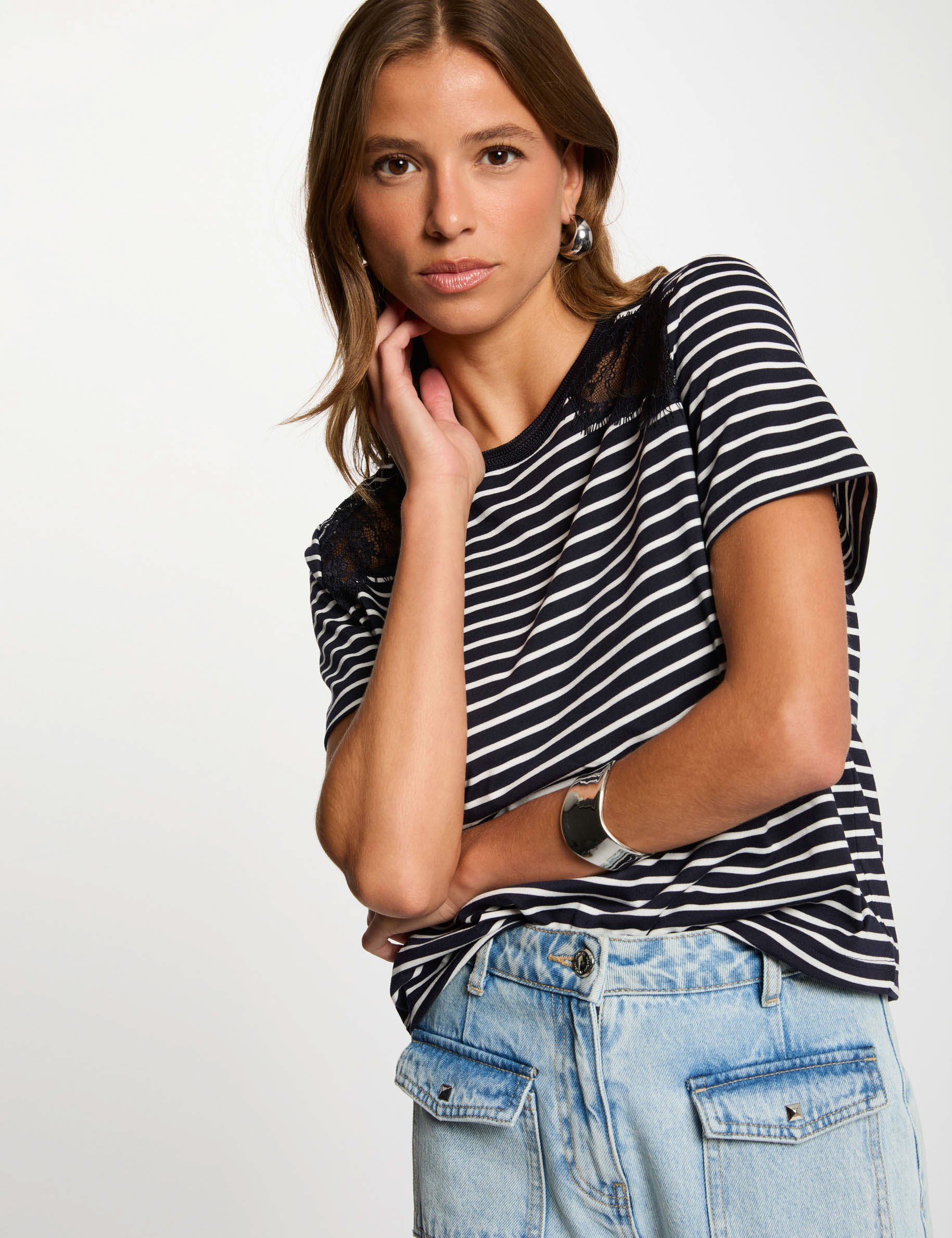 Gestreept T-shirt met korte mouwen marineblauw vrouw