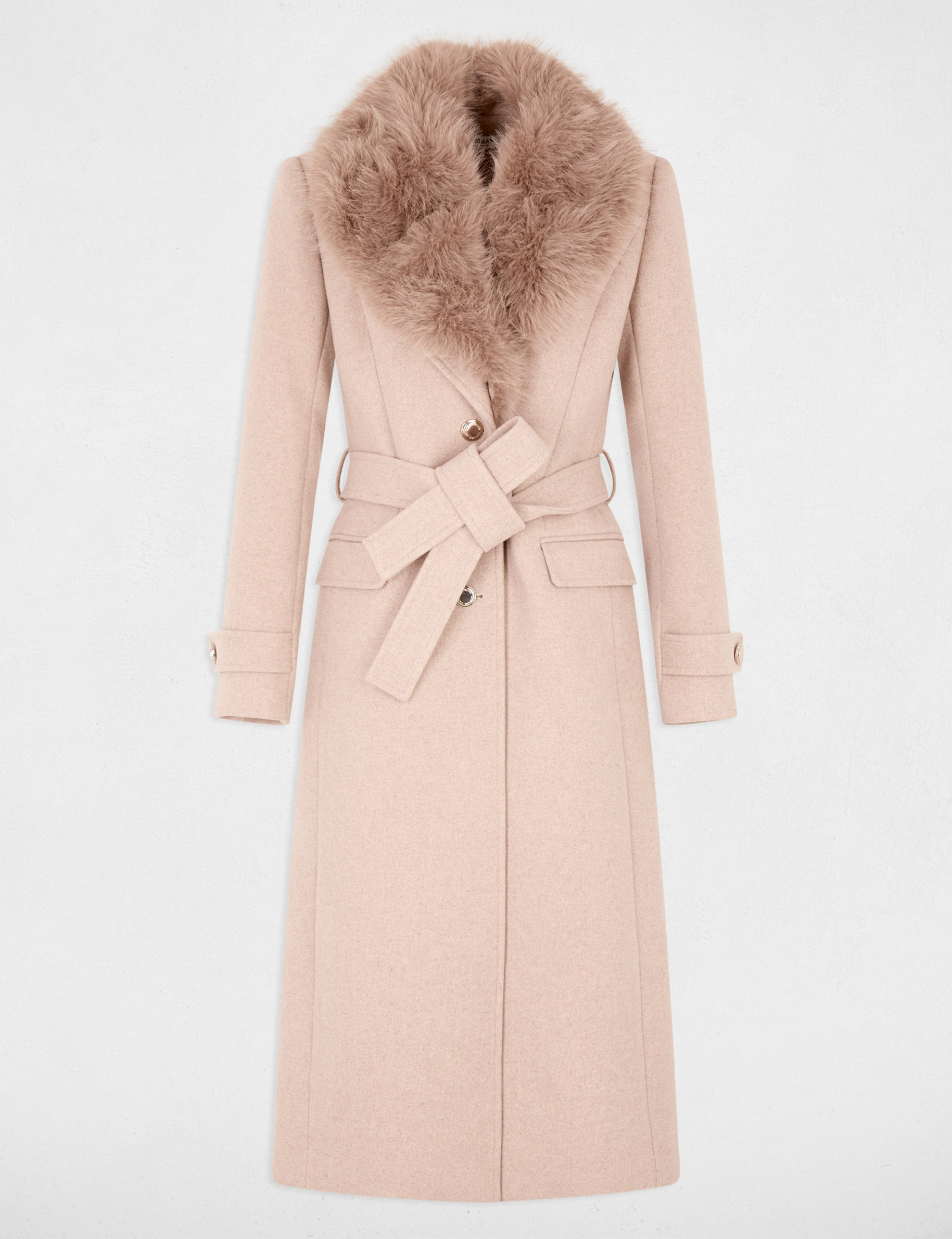 Manteau long ceintur&eacute; beige femme