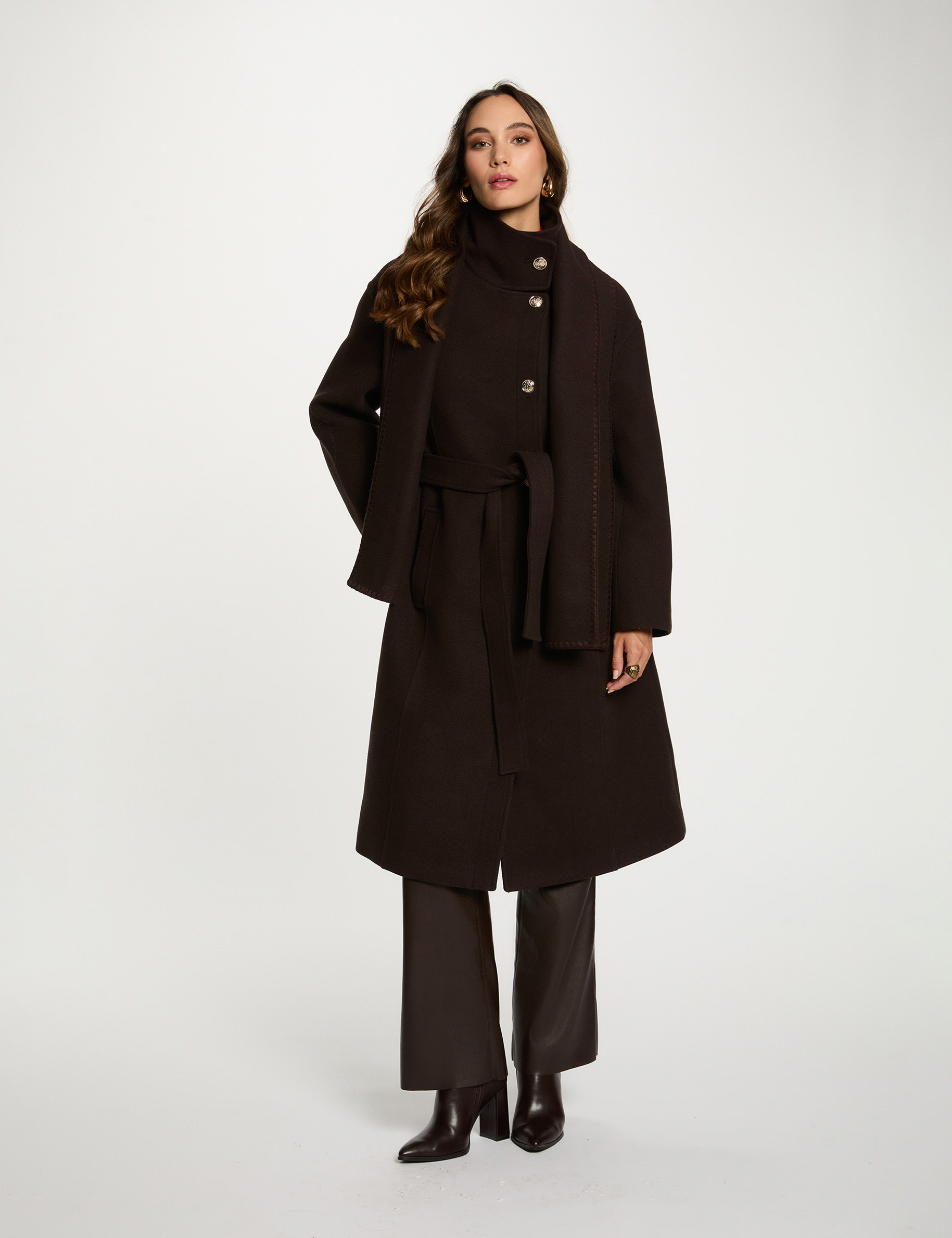Manteau long col montant marron foncé femme