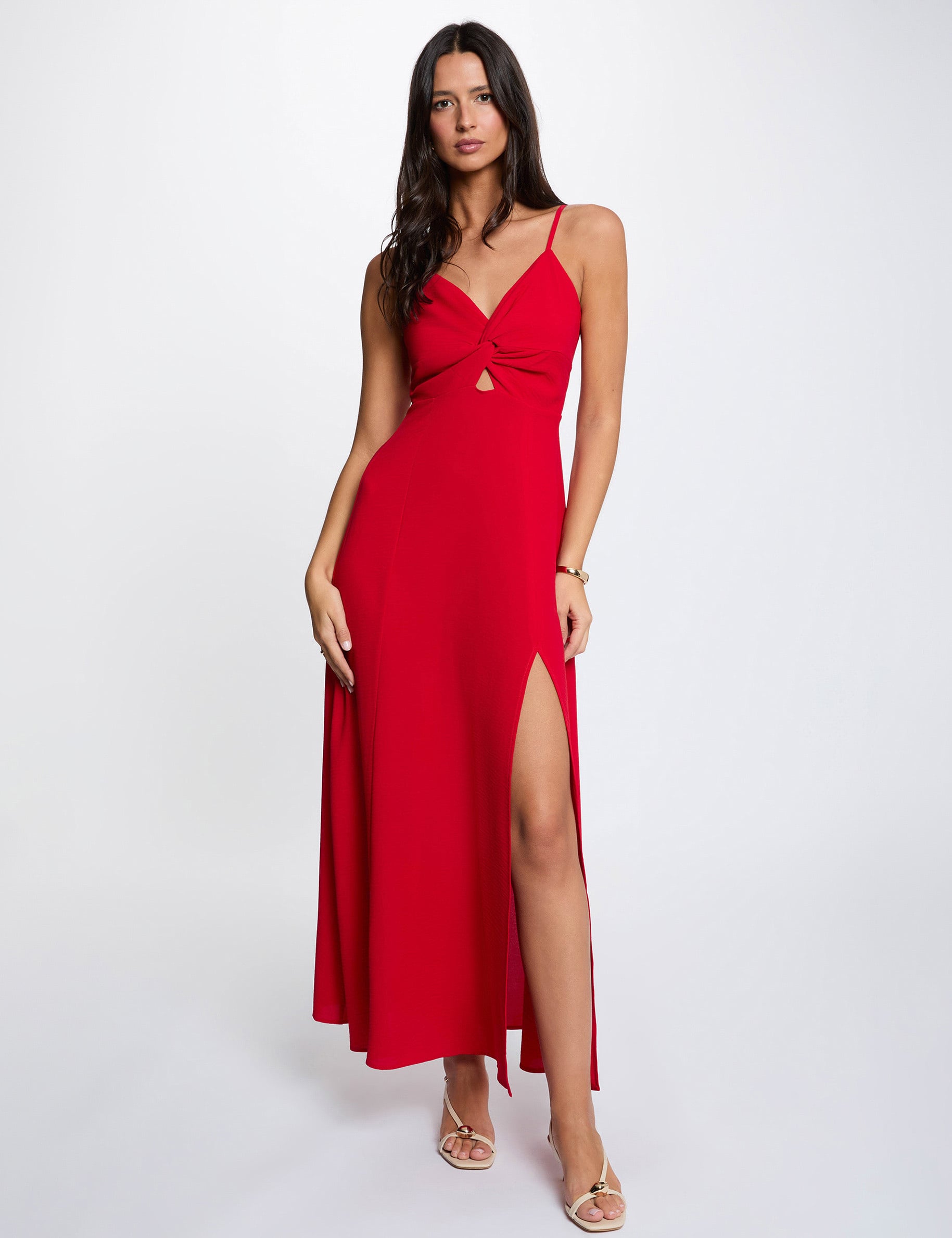 Robe longue droite fendue rouge femme