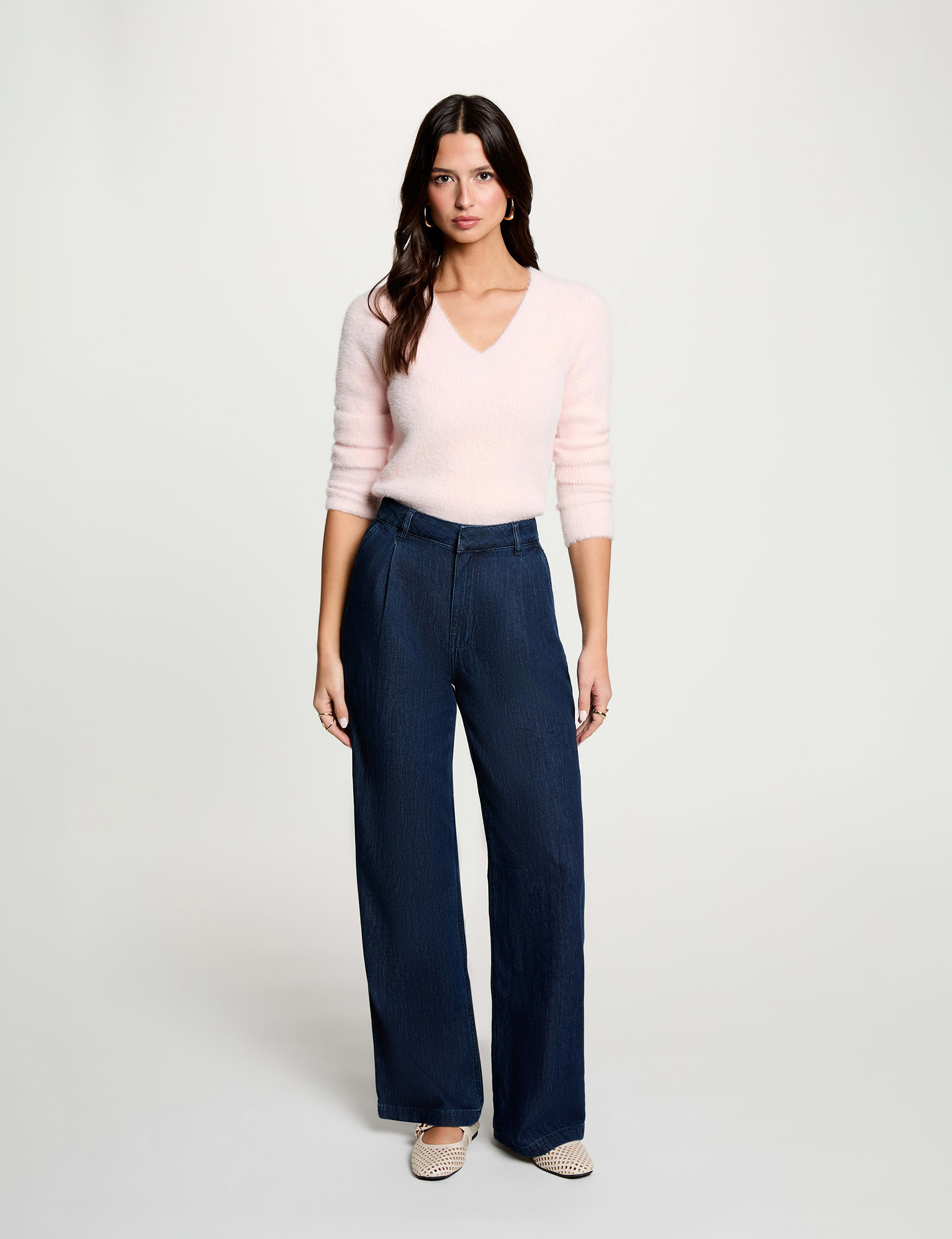Pull col v manches longues rose clair femme
