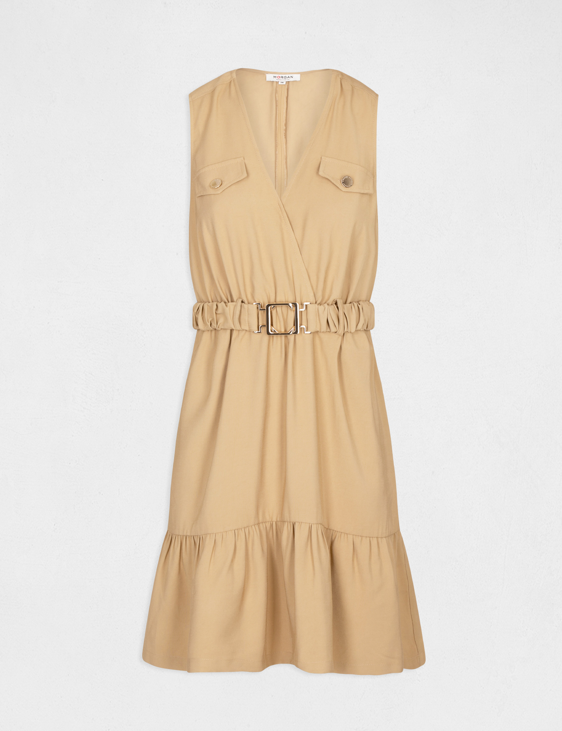 Robe droite fluide ceinturée camel femme