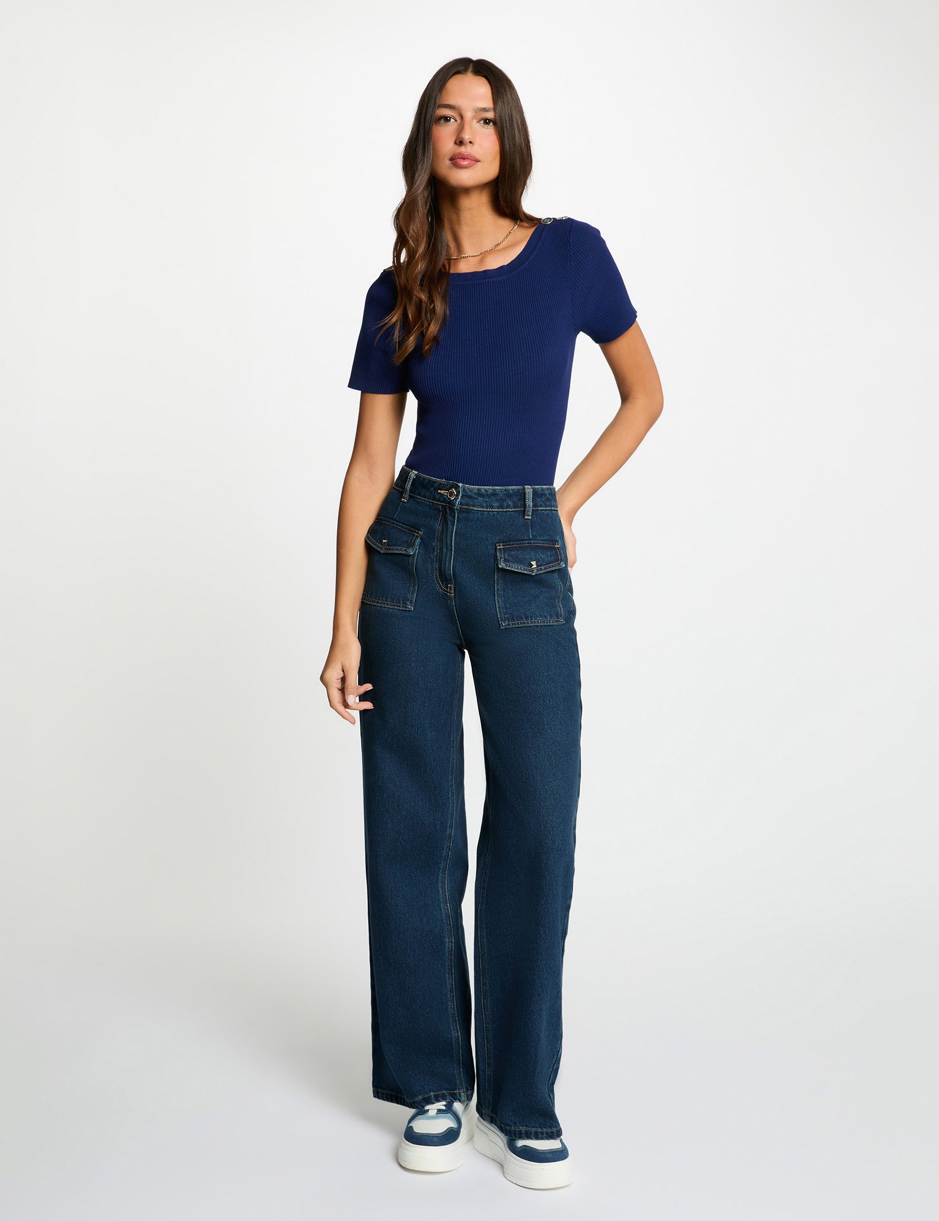 Pull col bateau et boutons bleu marine femme