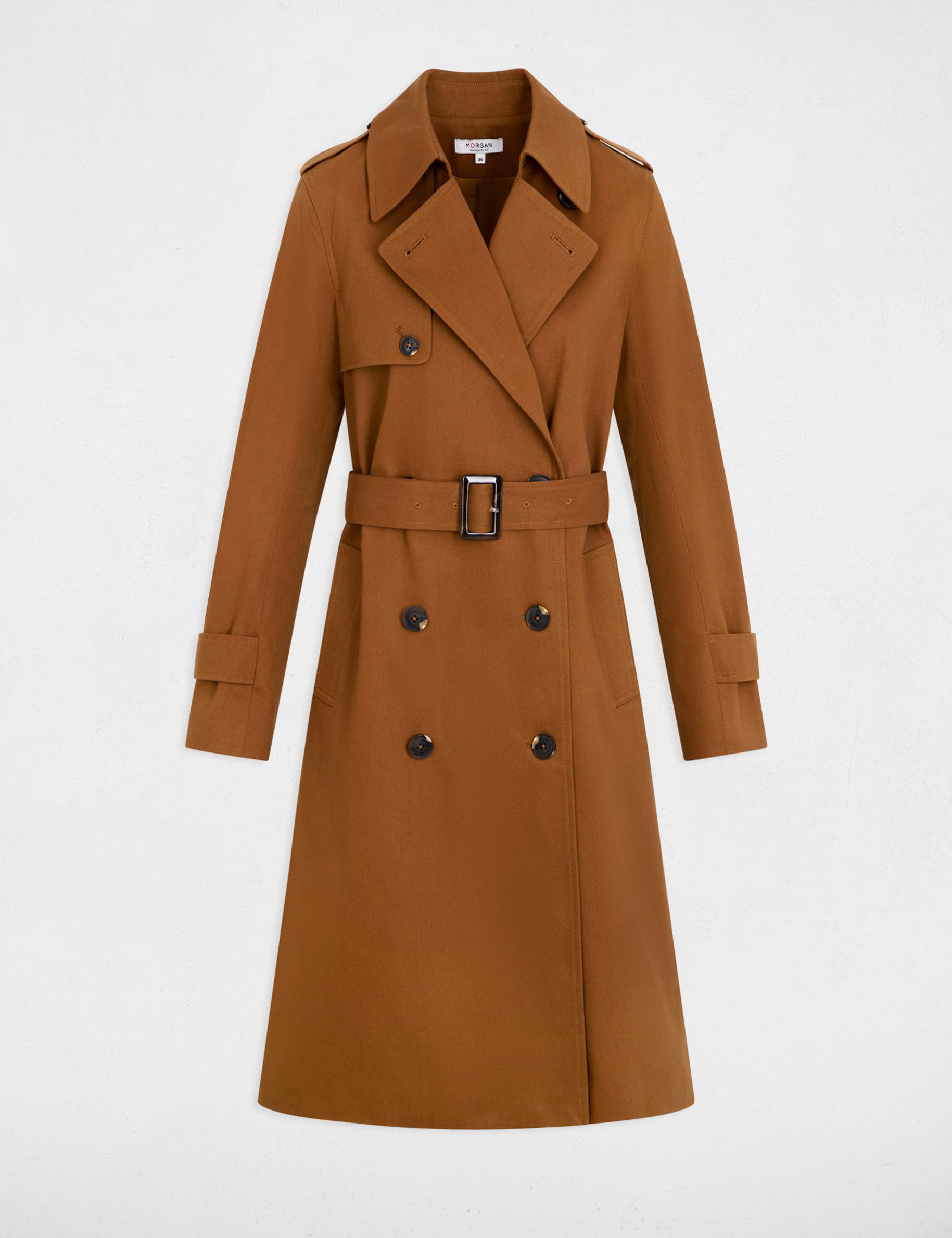 Trench long col tailleur marron cognac femme