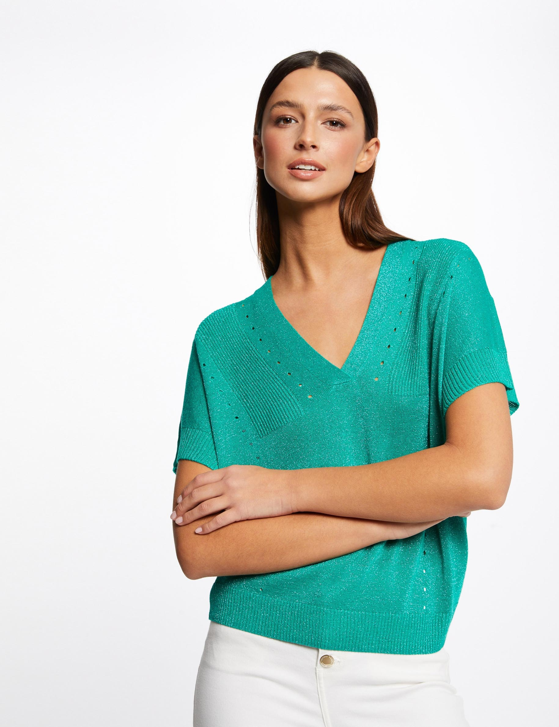 Pull manches courtes à col en V vert clair femme