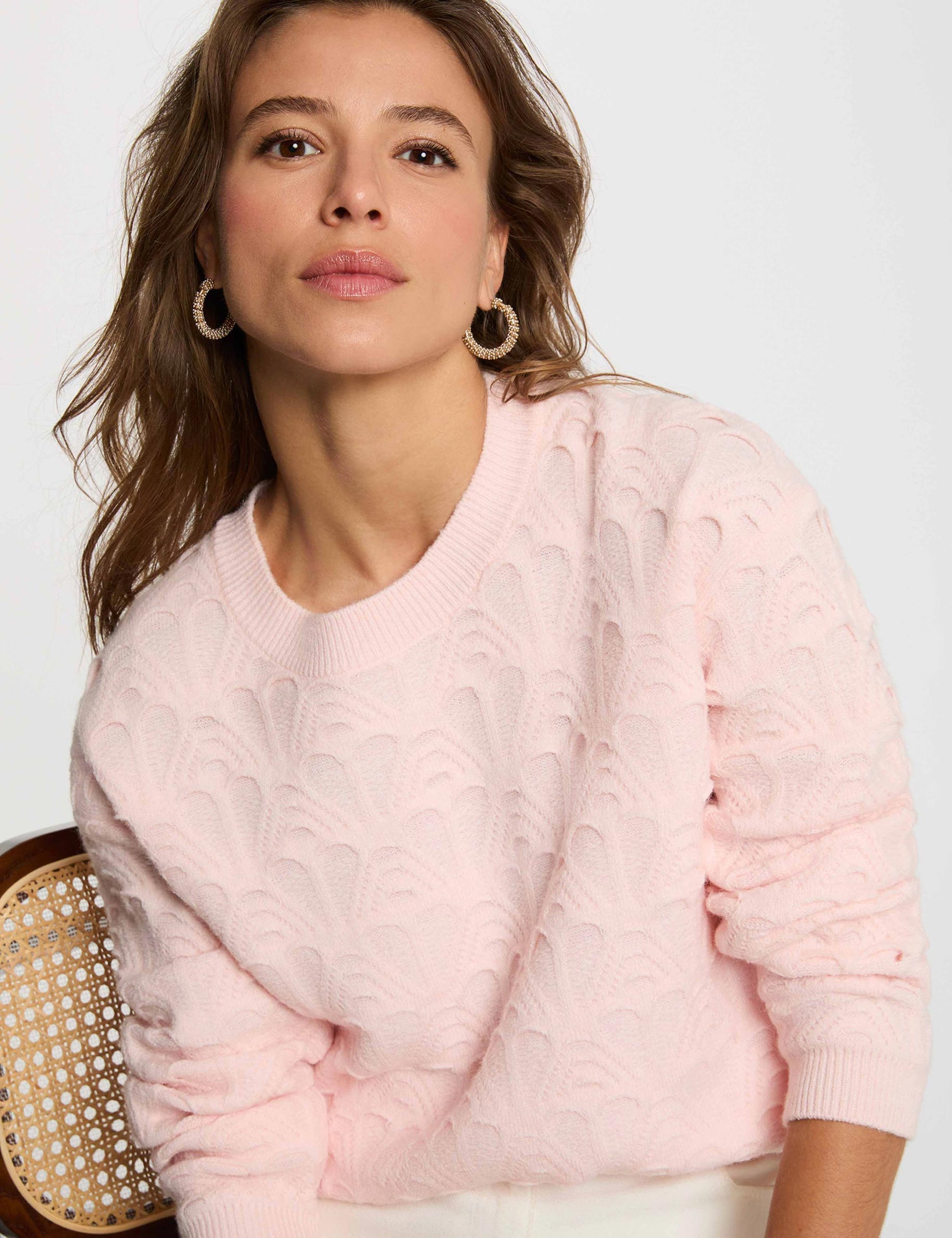 Pull col rond fantaisie rose clair femme