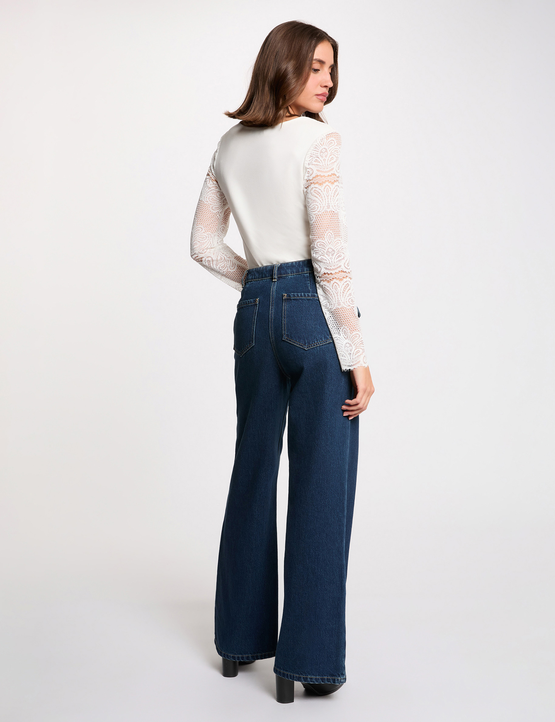 T-shirt met lange mouwen en kant helder wit vrouw