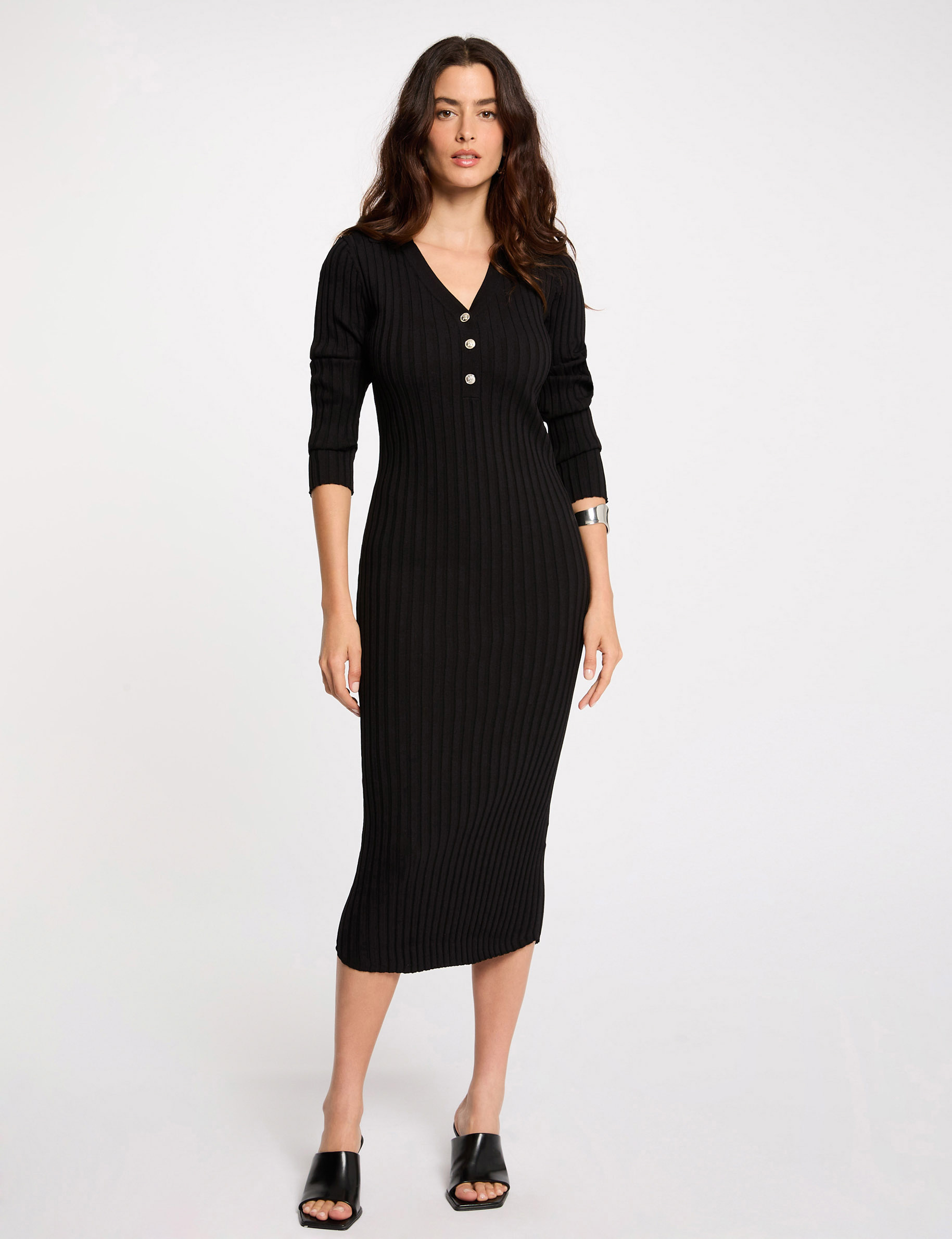 Robe tricot ajustée côtelée noir femme