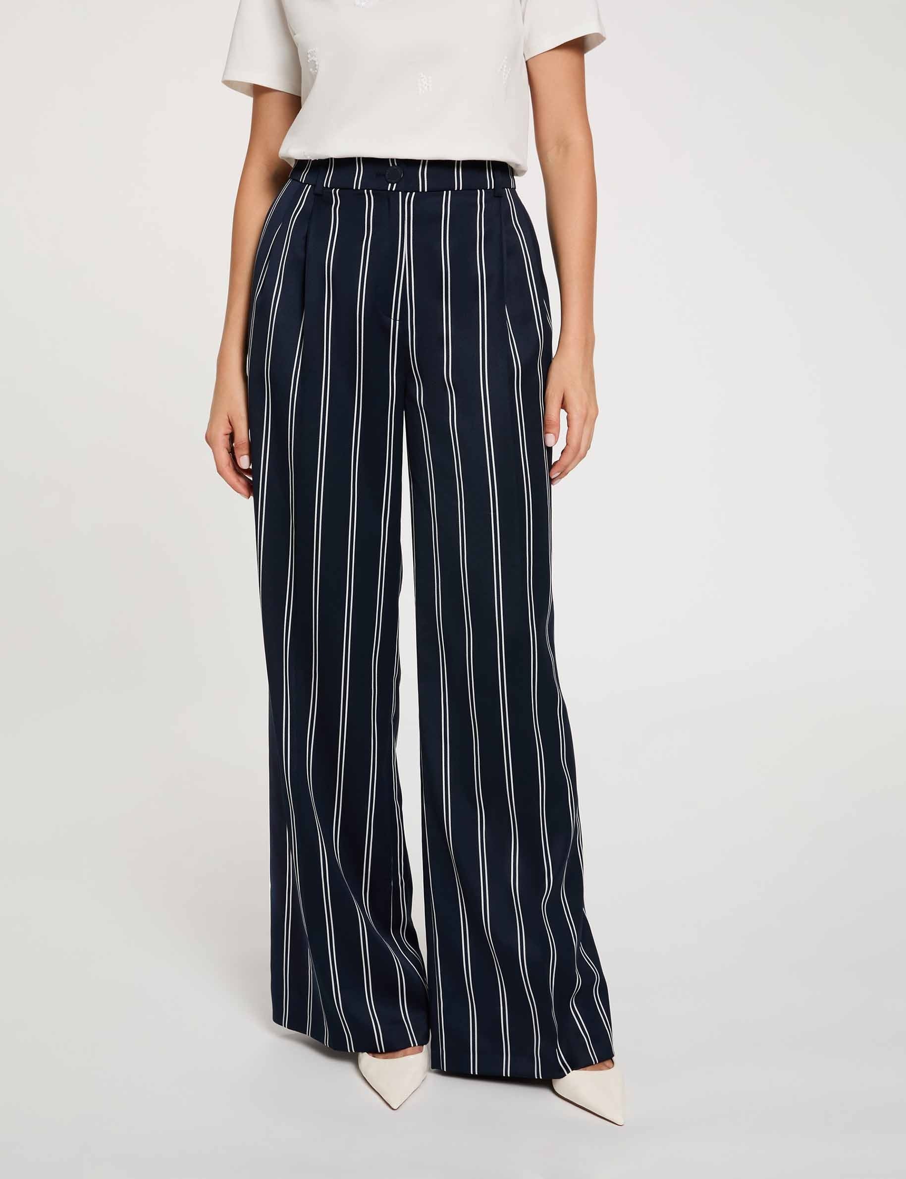 Pantalon large taille haute bleu marine femme