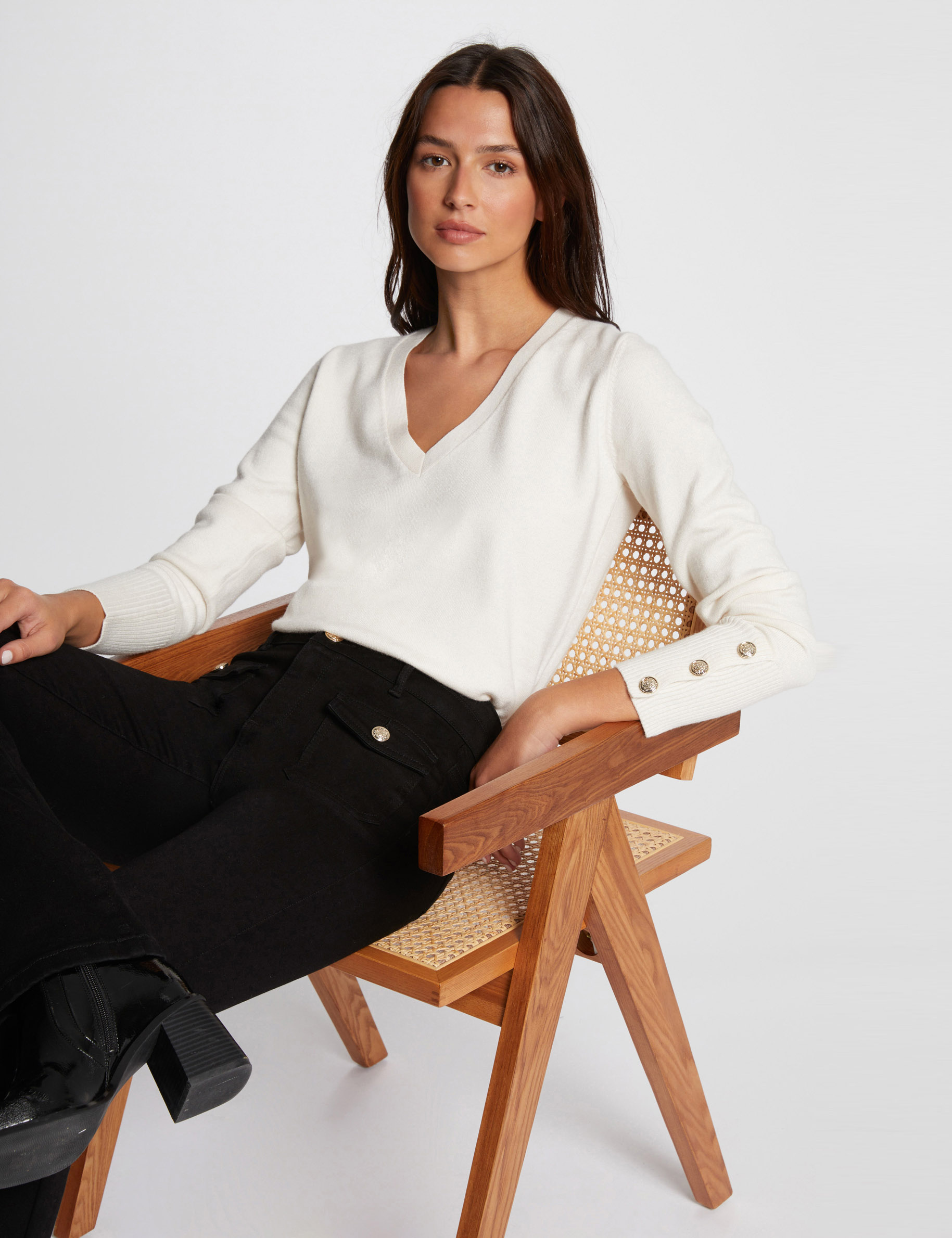 pull manches longues col en v ivoire femme Pull manches longues col en V ivoire femme