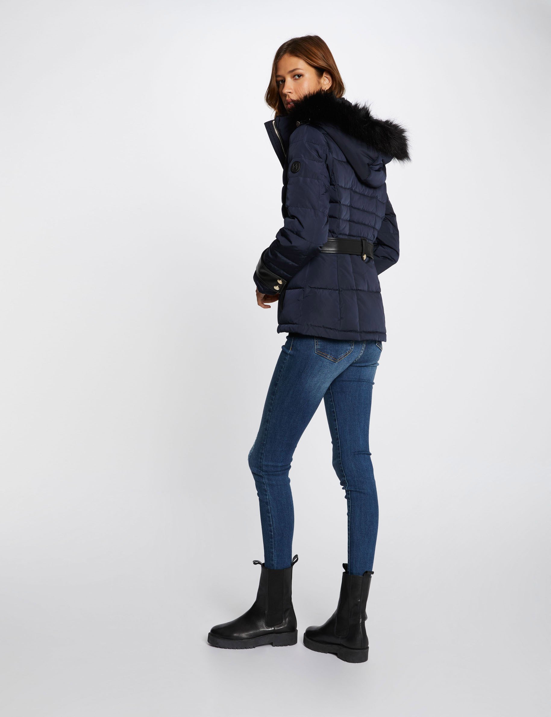 Doudoune droite à capuche bleu marine femme