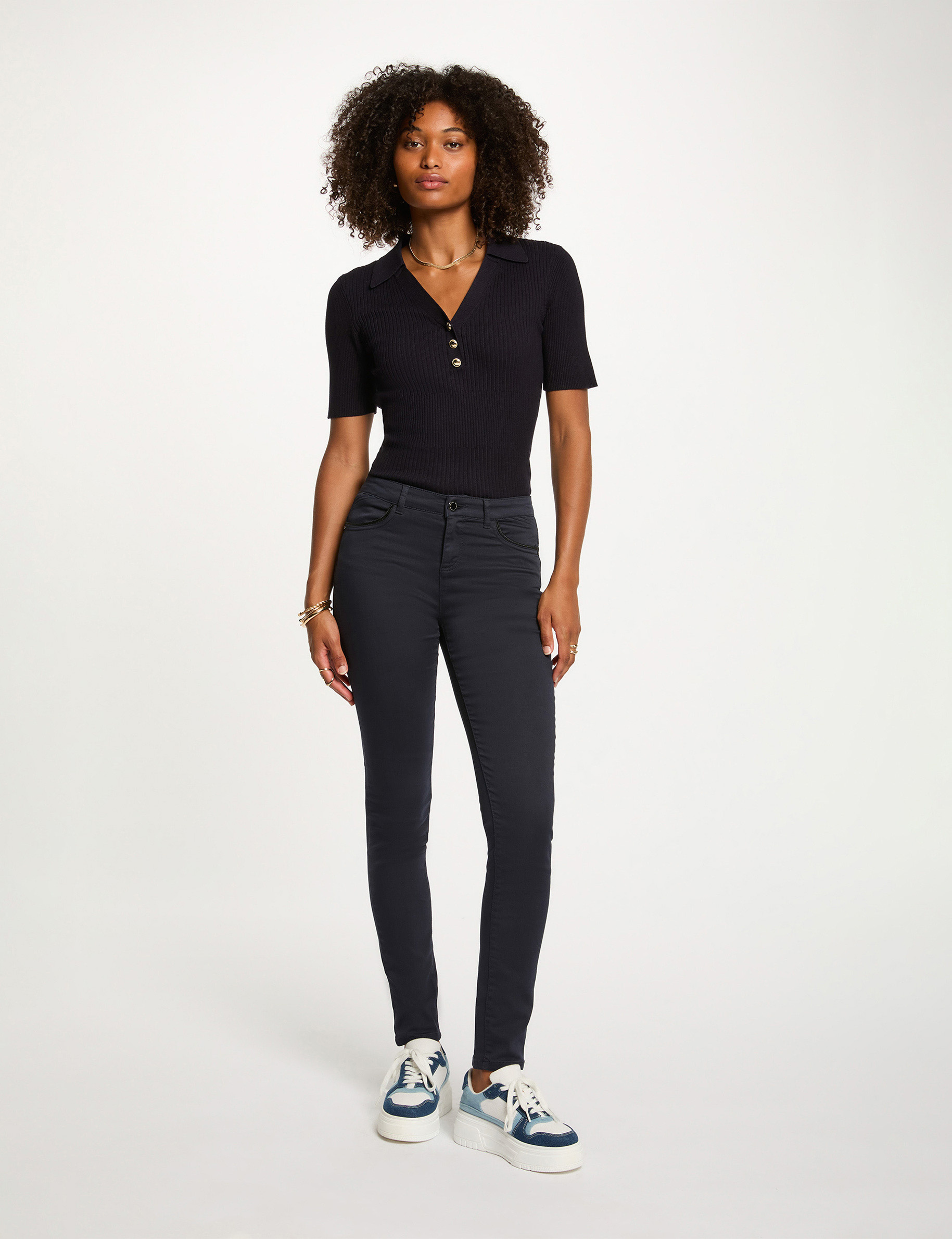 Pantalon slim enduit bleu marine femme