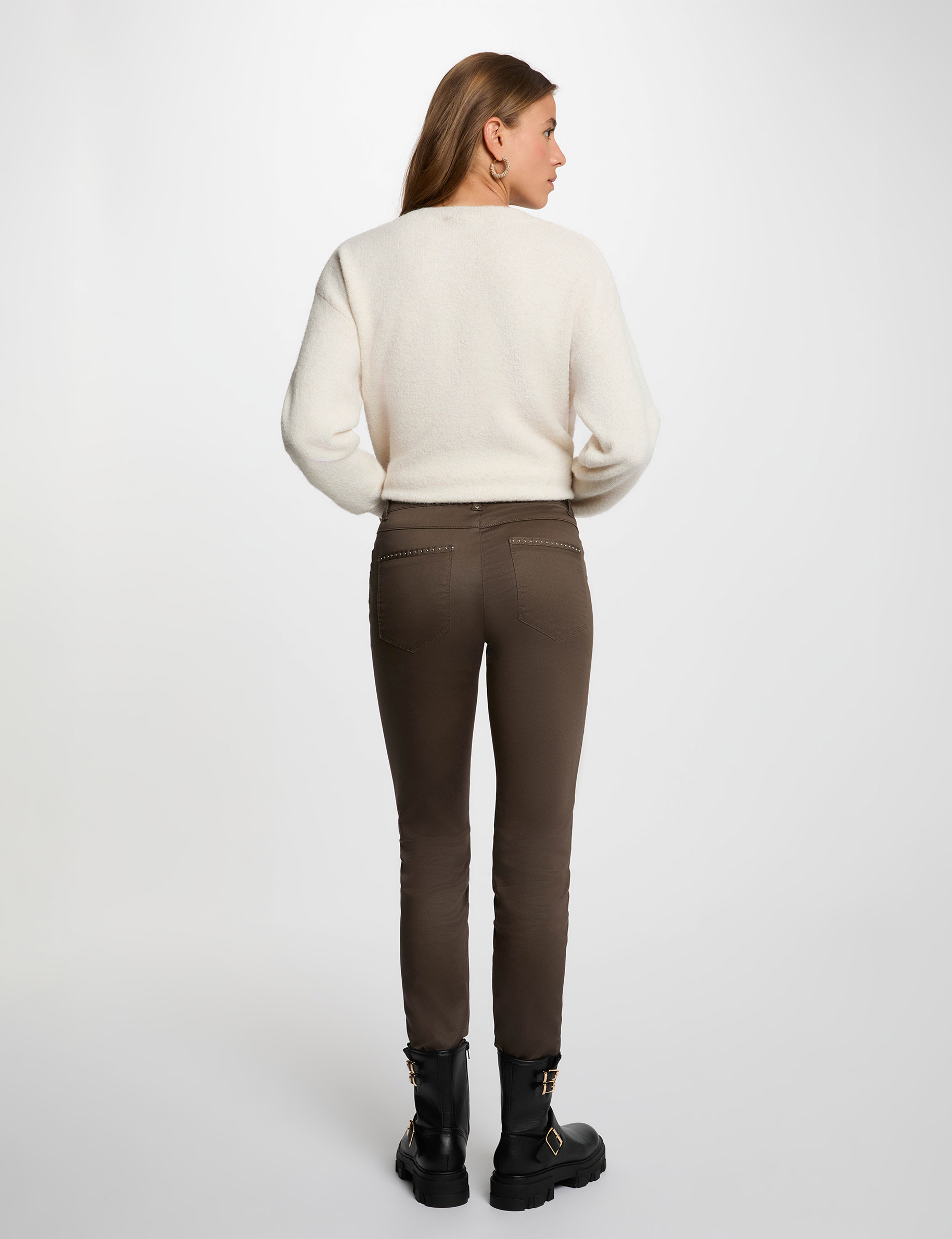 Gecoate slim-fit broek taupe vrouw