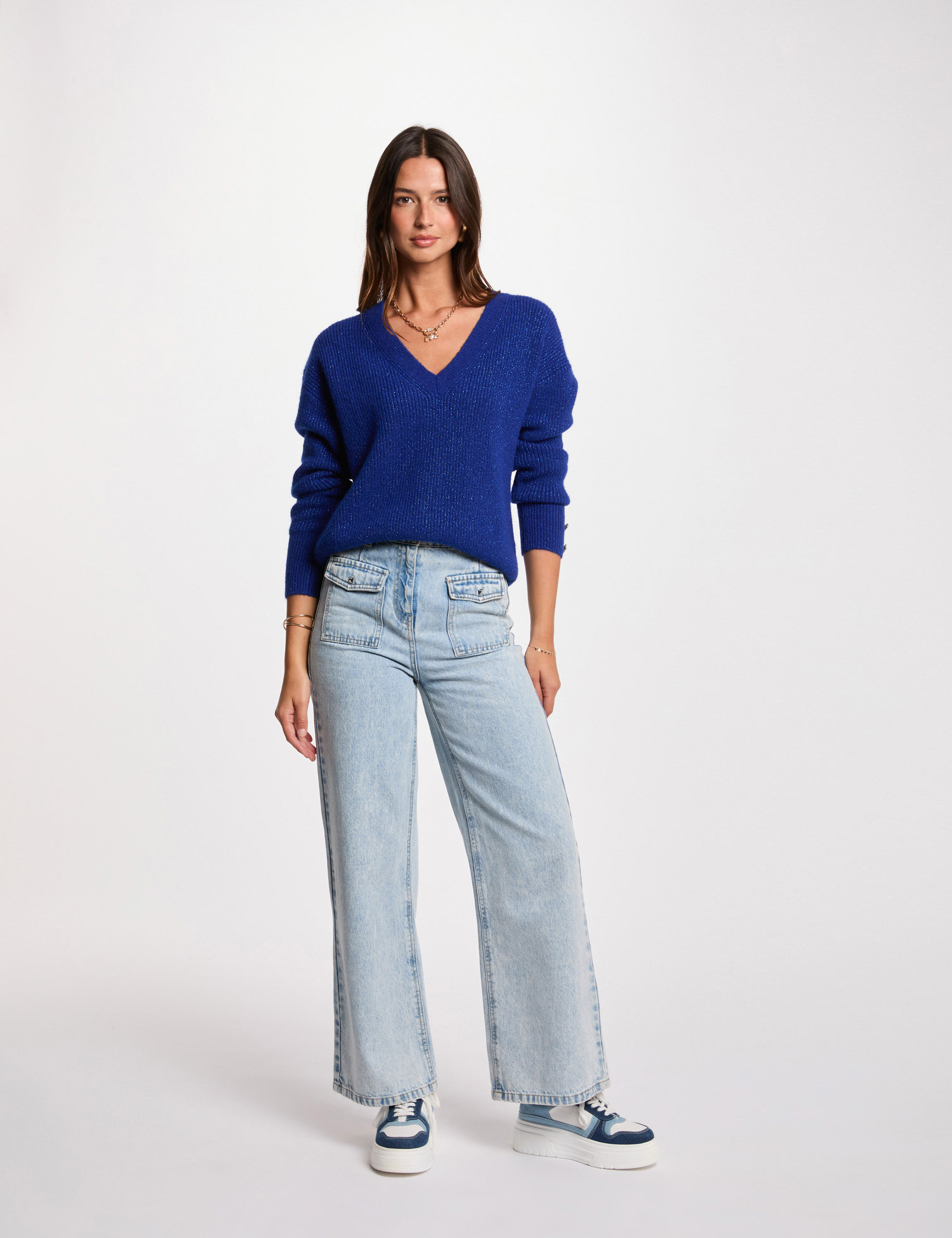 Pull col en V oversize bleu pétrole femme