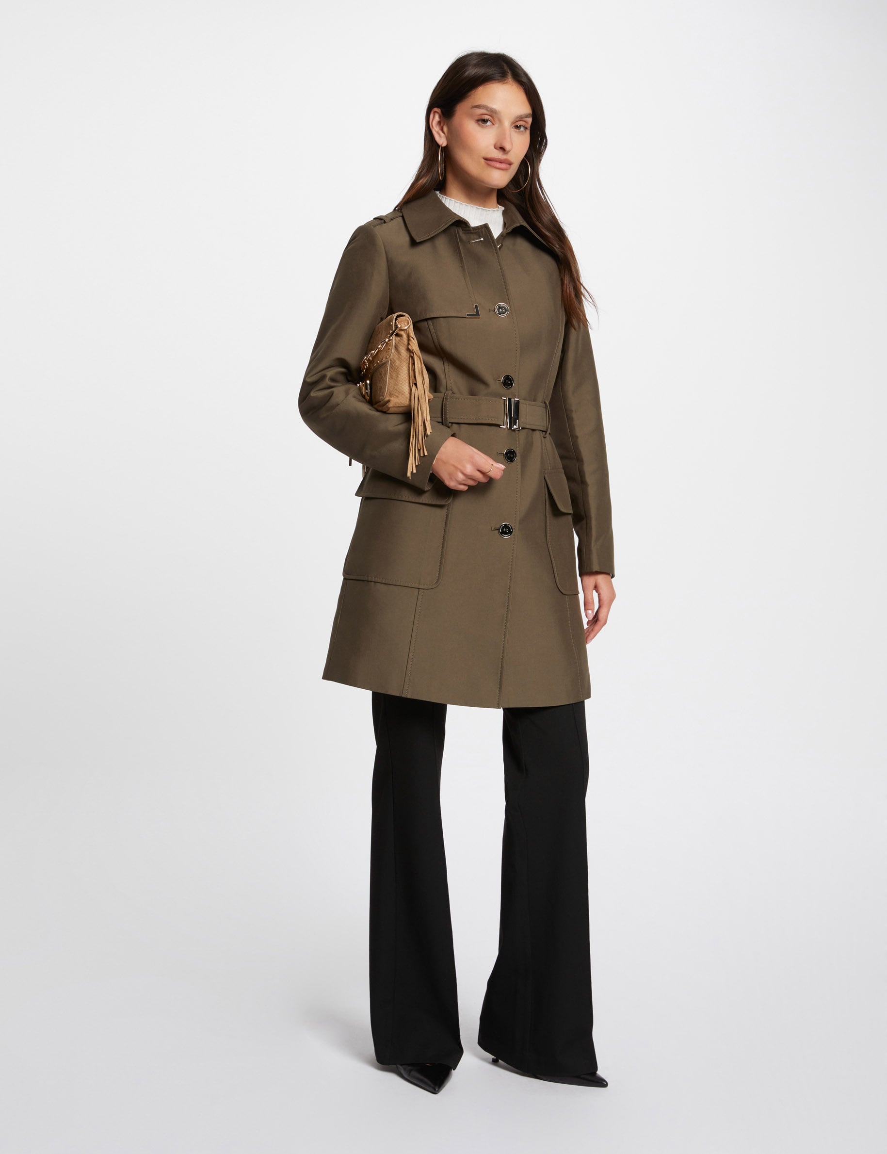 Trench long ceintur&eacute; vert kaki femme