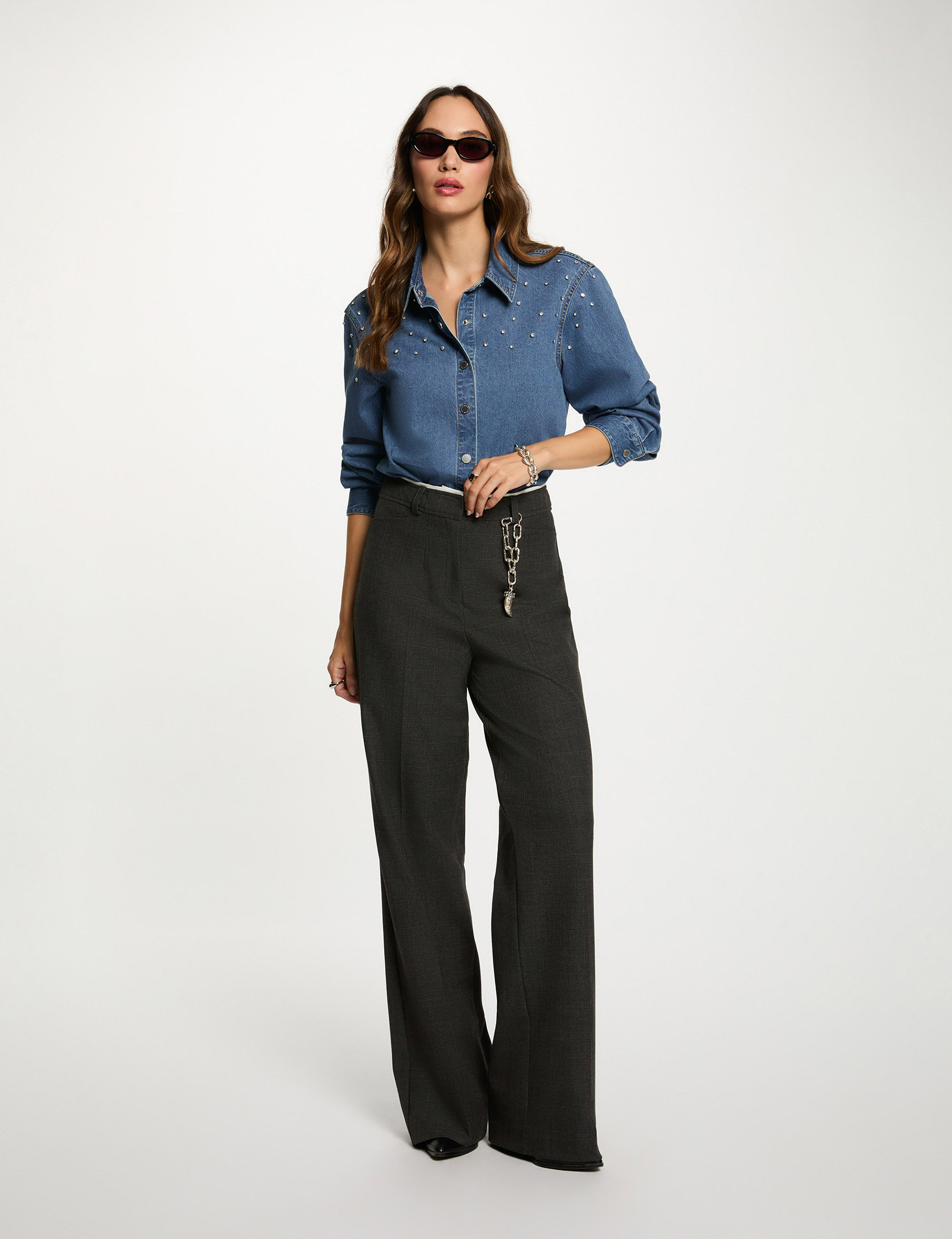 korte blouse met steentjes stone washed denim vrouw Korte blouse met steentjes stone washed denim vrouw