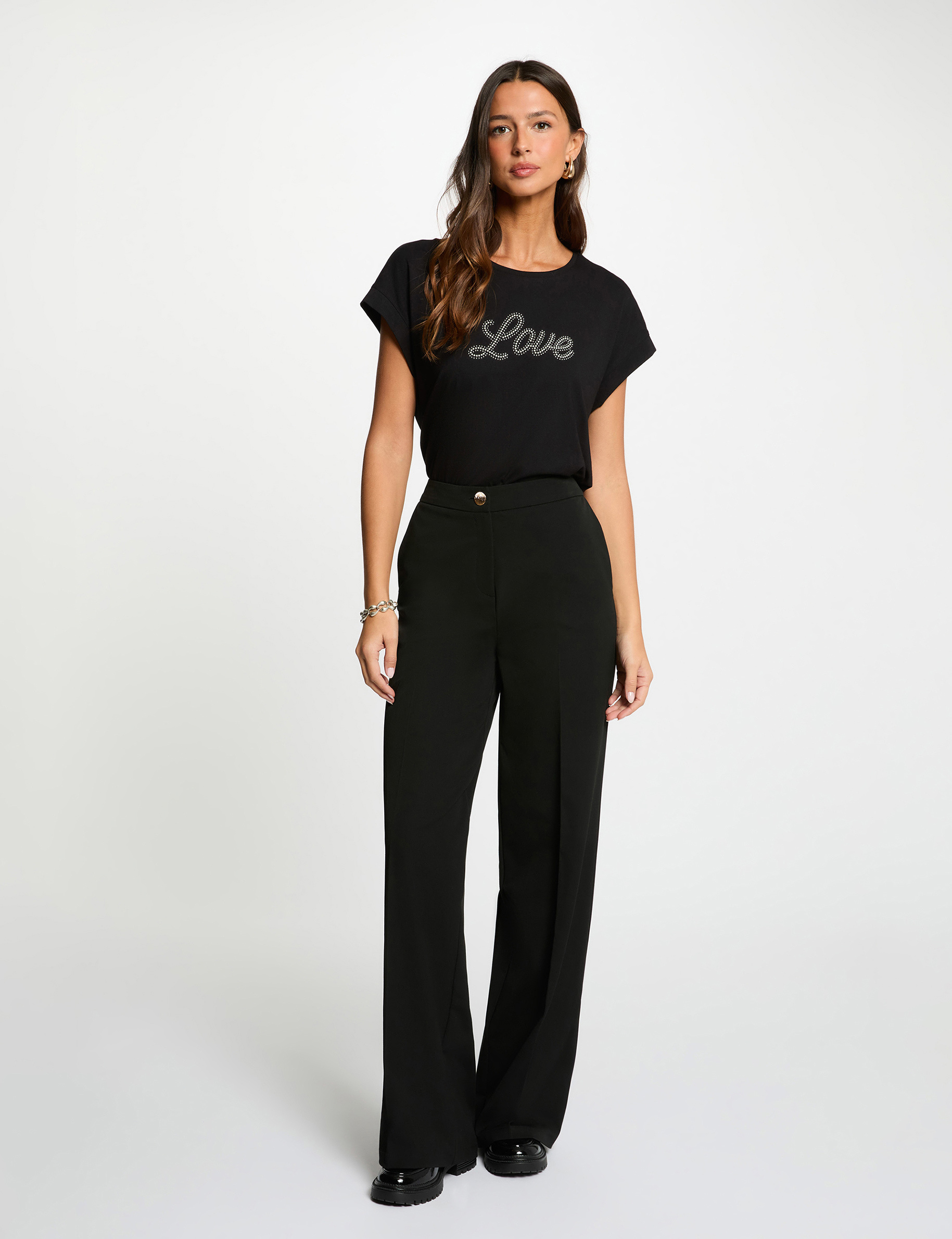 T-shirt col v strass noir femme