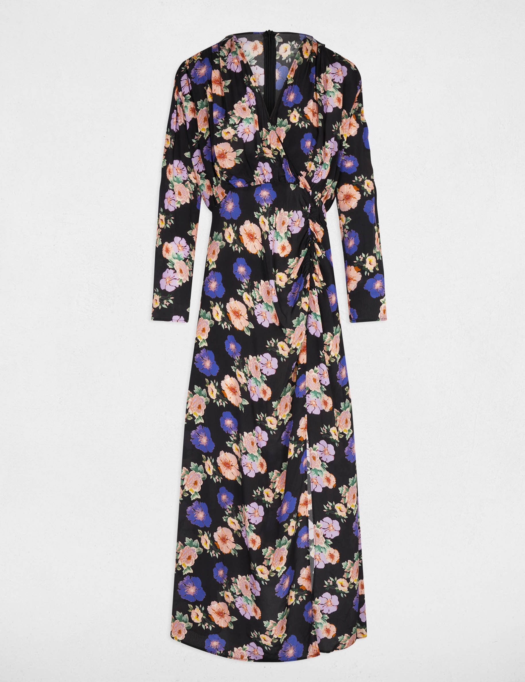 Lange satijnen jurk meerkleurig vrouw