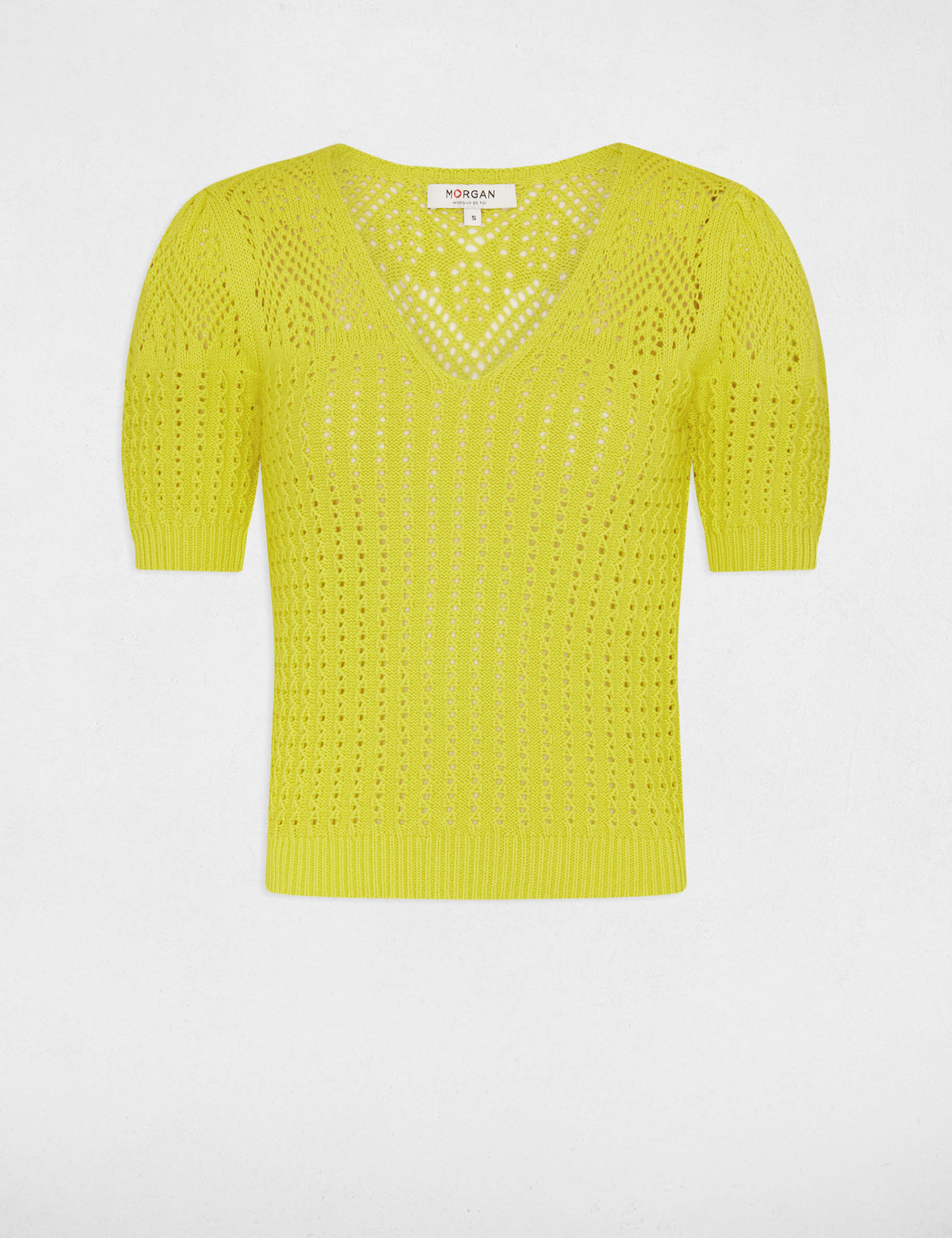 pull manches courtes ajoure jaune moyen femme Pull manches courtes ajouré jaune moyen femme