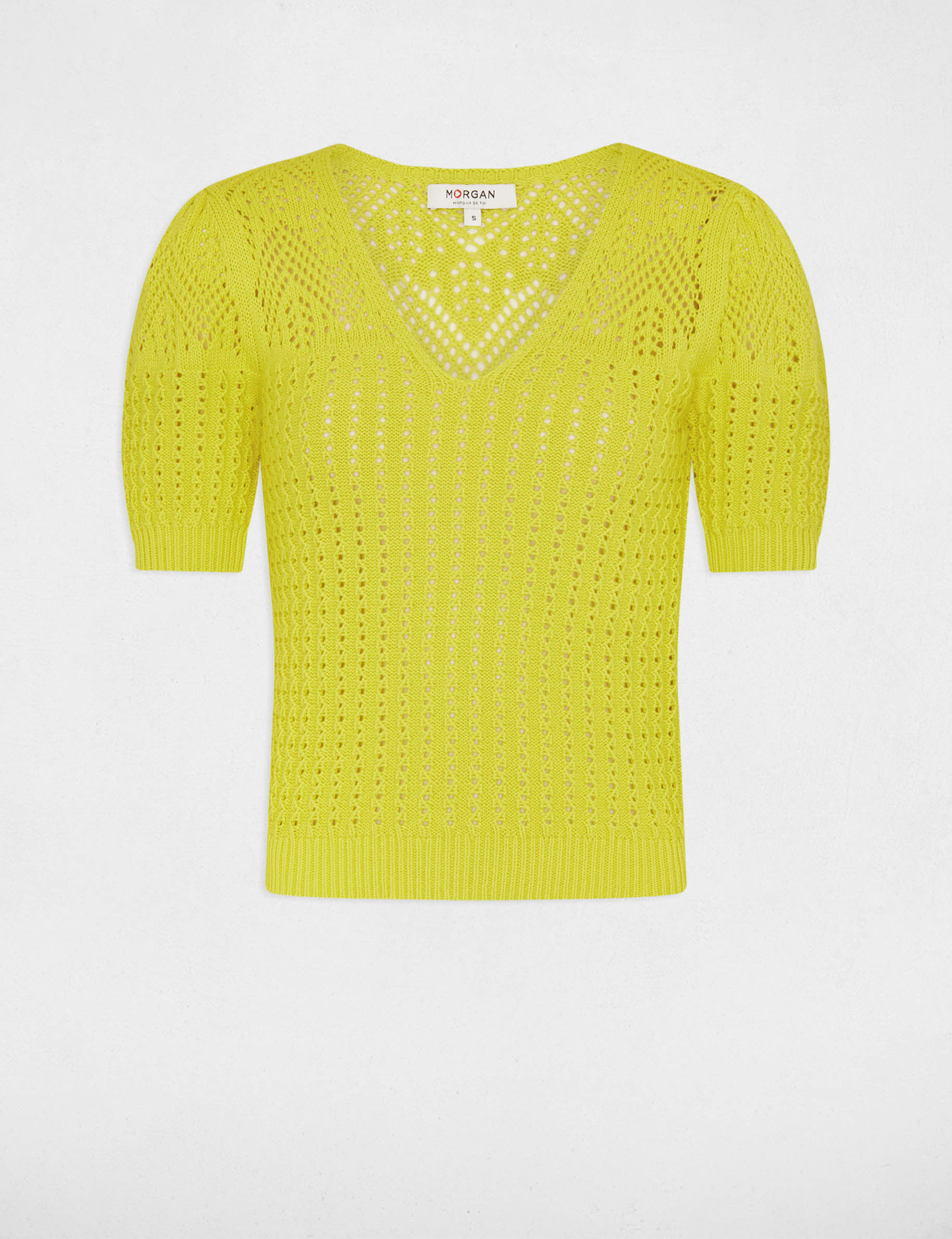 Pull manches courtes ajouré jaune moyen femme