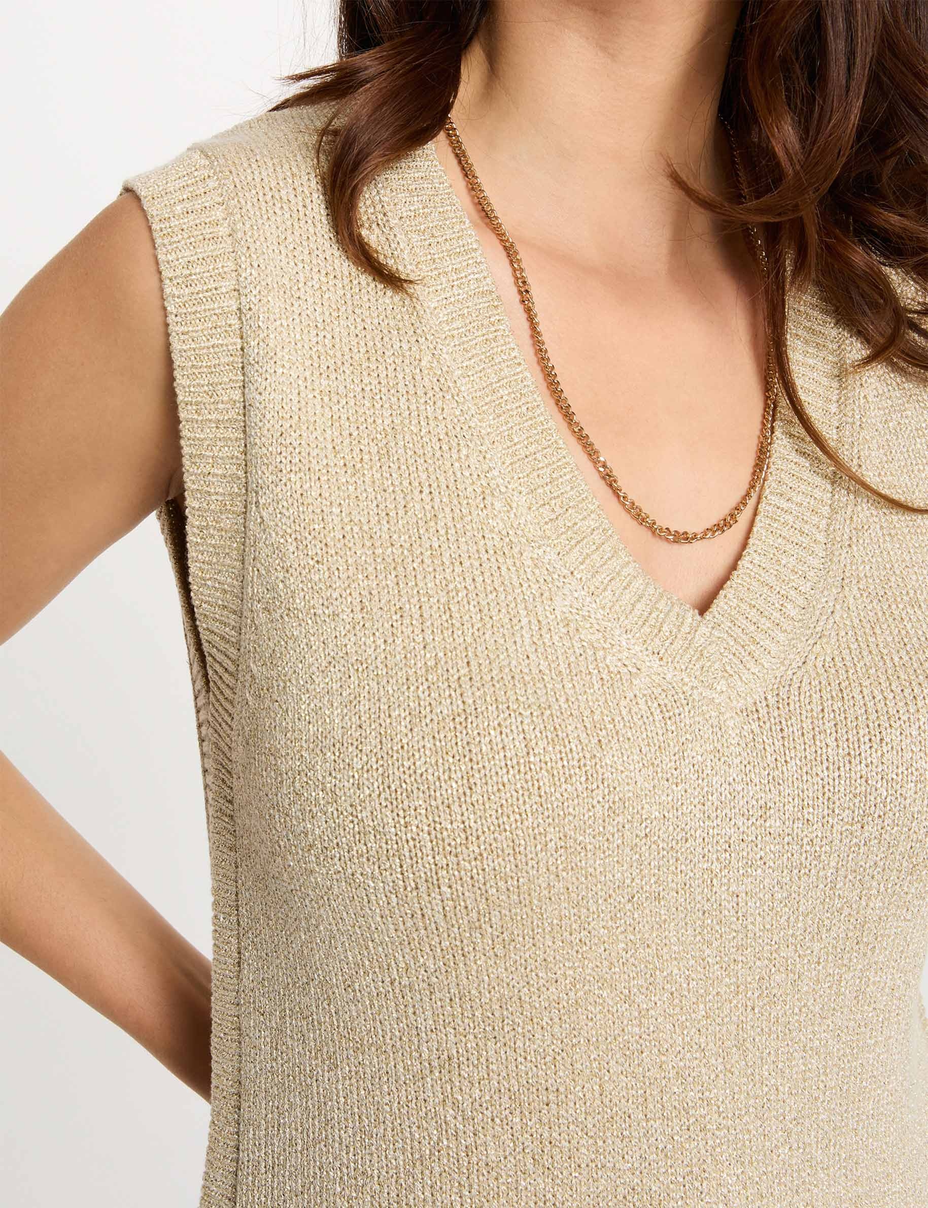 Pull sans manches col v couleur bronze femme