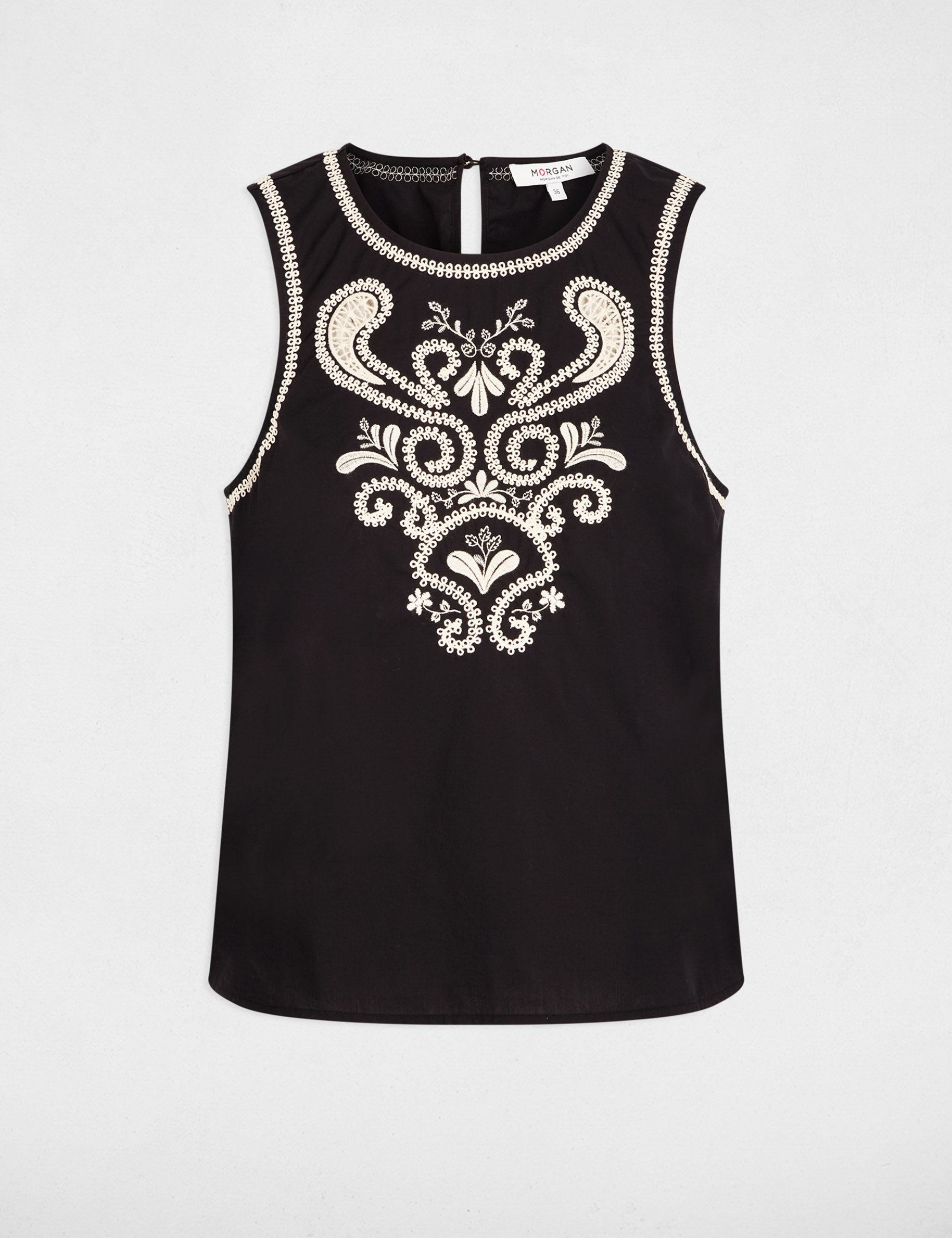 Top brod&eacute; sans manches noir femme