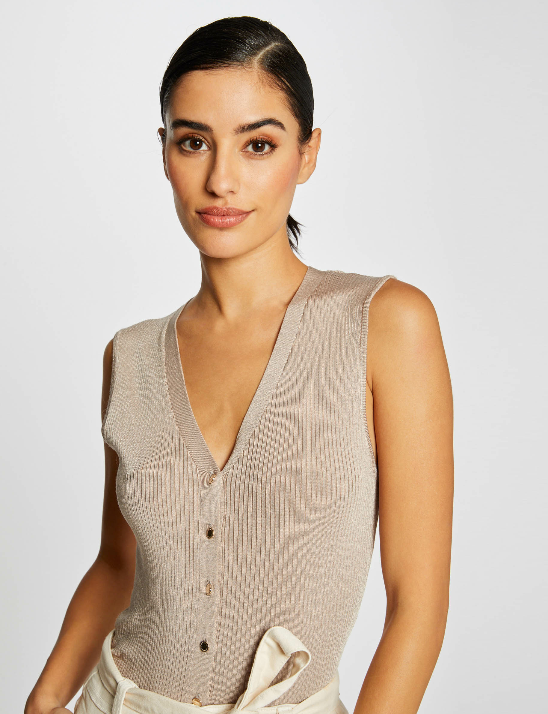 Pull débardeur en tricotage en côte mastic femme