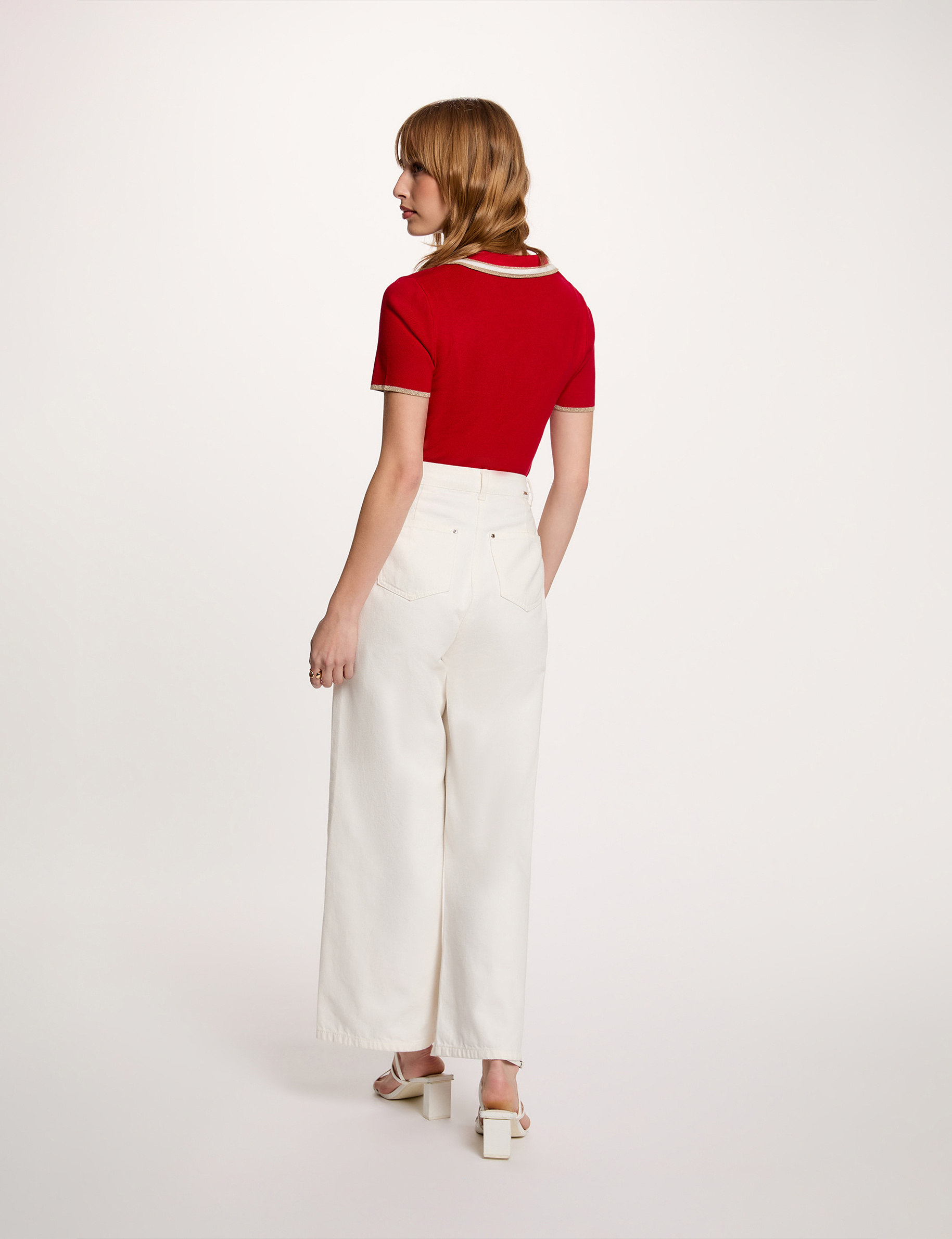 Pull col polo manches courtes rouge femme