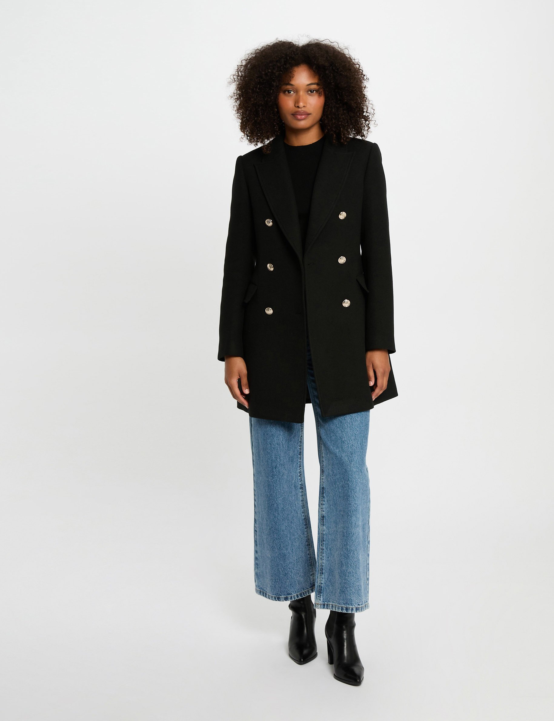 manteau mi long avec boutons noir femme Manteau mi-long avec boutons noir femme
