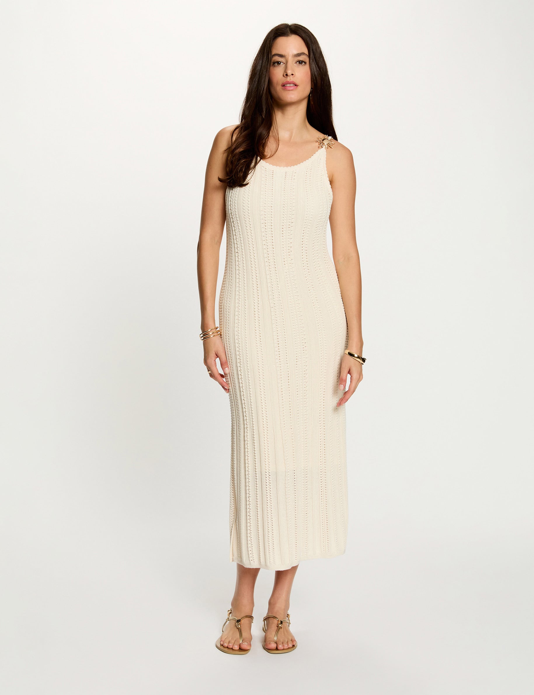 Robe tricot brod&eacute;e ivoire femme
